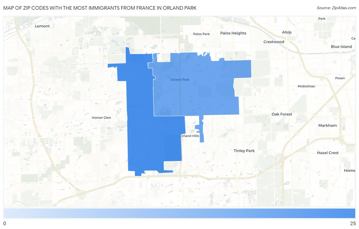 Zip Codes with the Most Immigrants from France in Orland Park Map