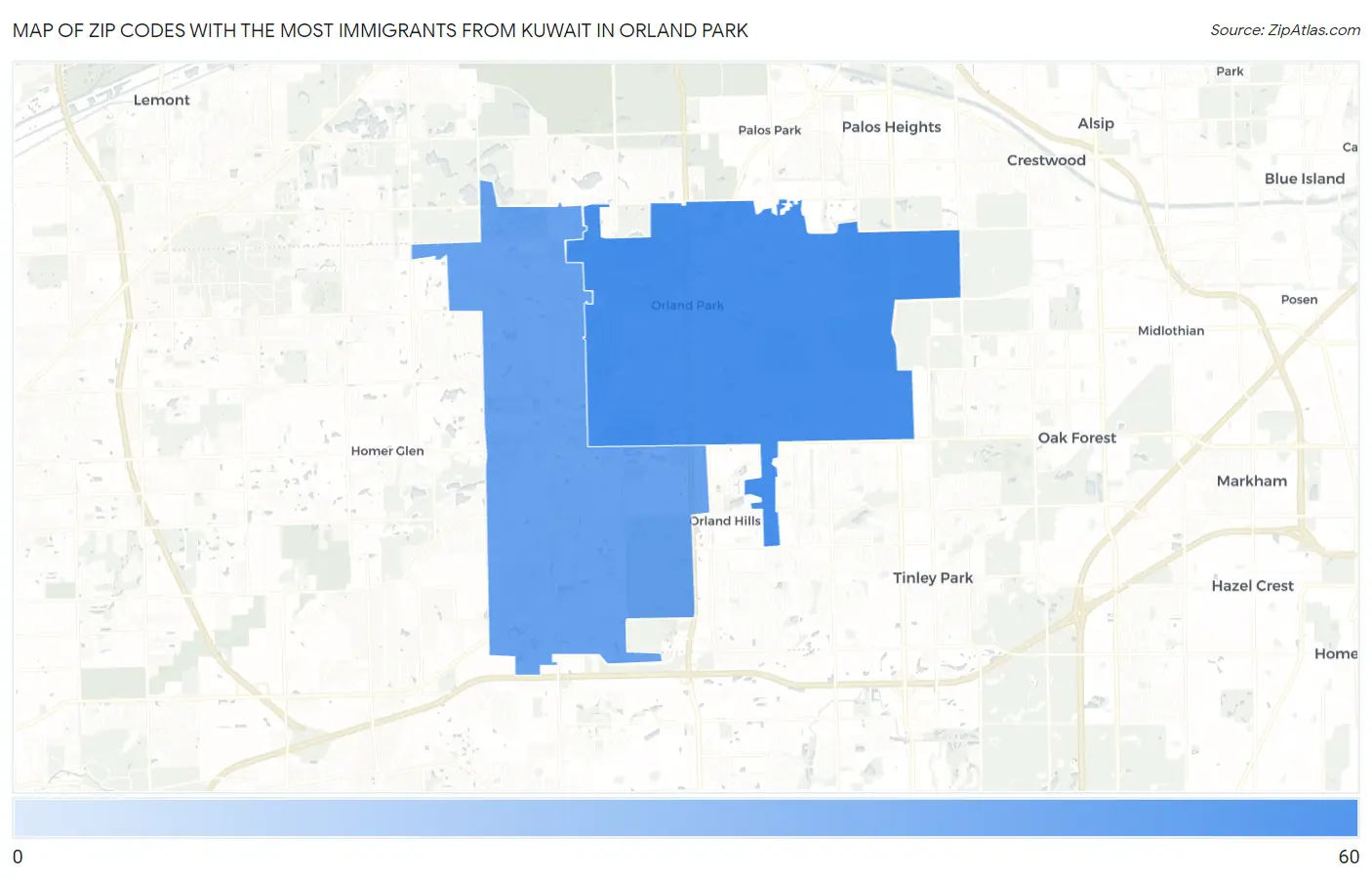Zip Codes with the Most Immigrants from Kuwait in Orland Park Map