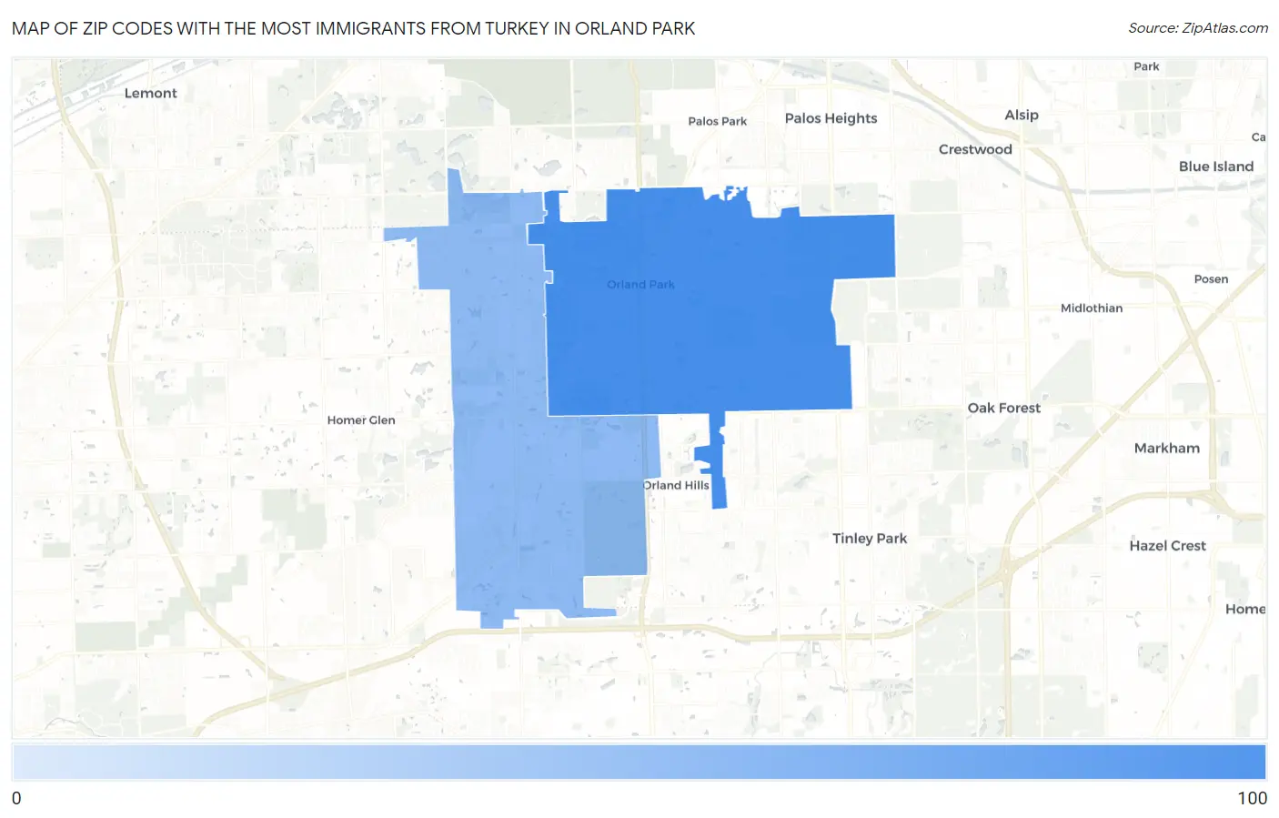 Zip Codes with the Most Immigrants from Turkey in Orland Park Map