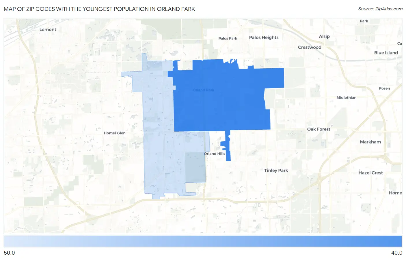 Zip Codes with the Youngest Population in Orland Park Map