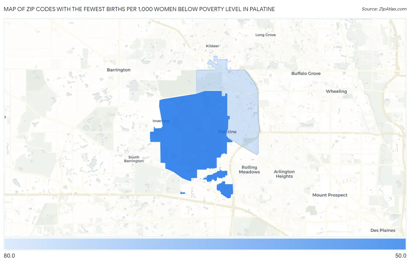 Zip Codes with the Fewest Births per 1,000 Women Below Poverty Level in Palatine Map