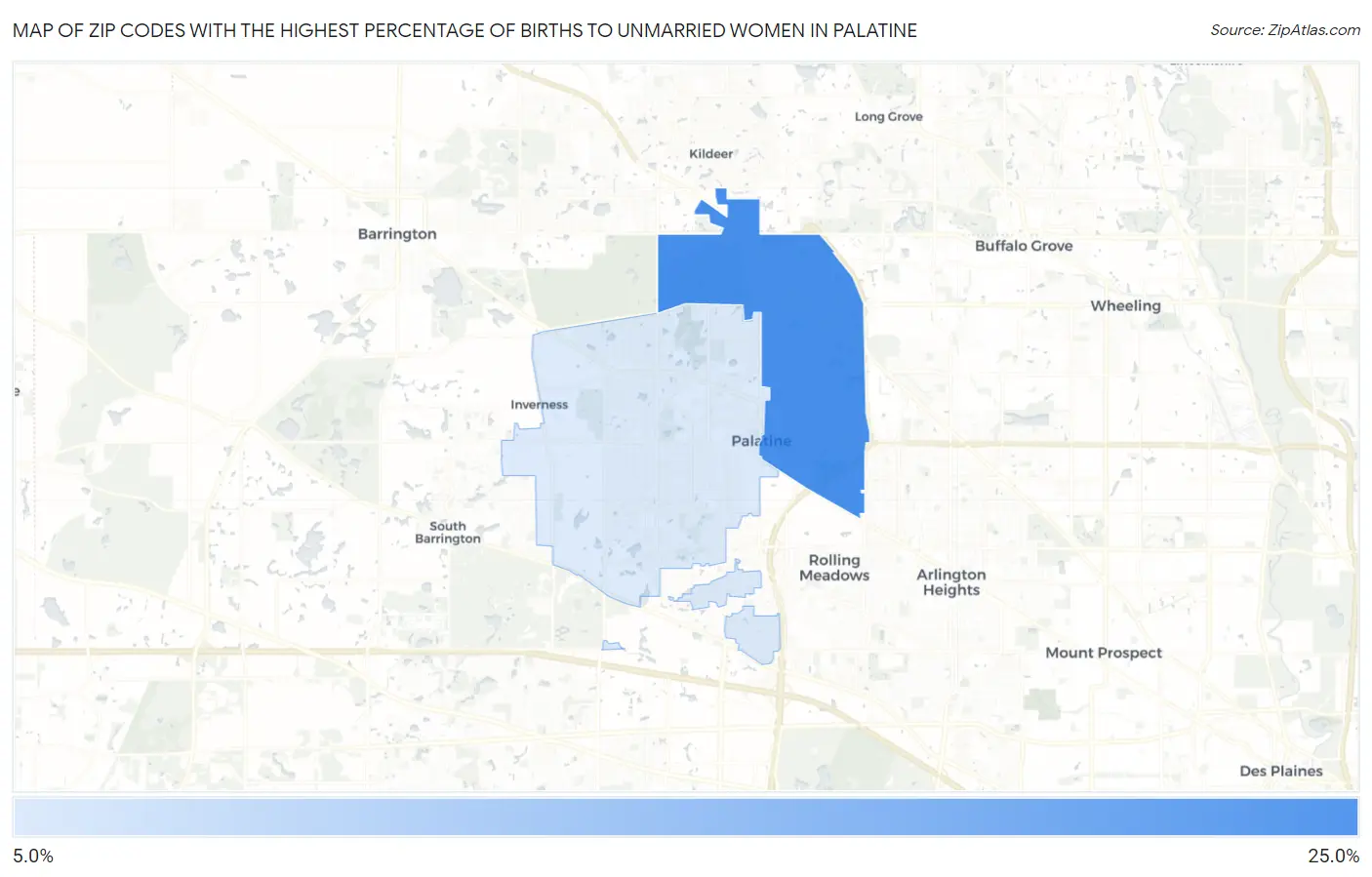 Zip Codes with the Highest Percentage of Births to Unmarried Women in Palatine Map