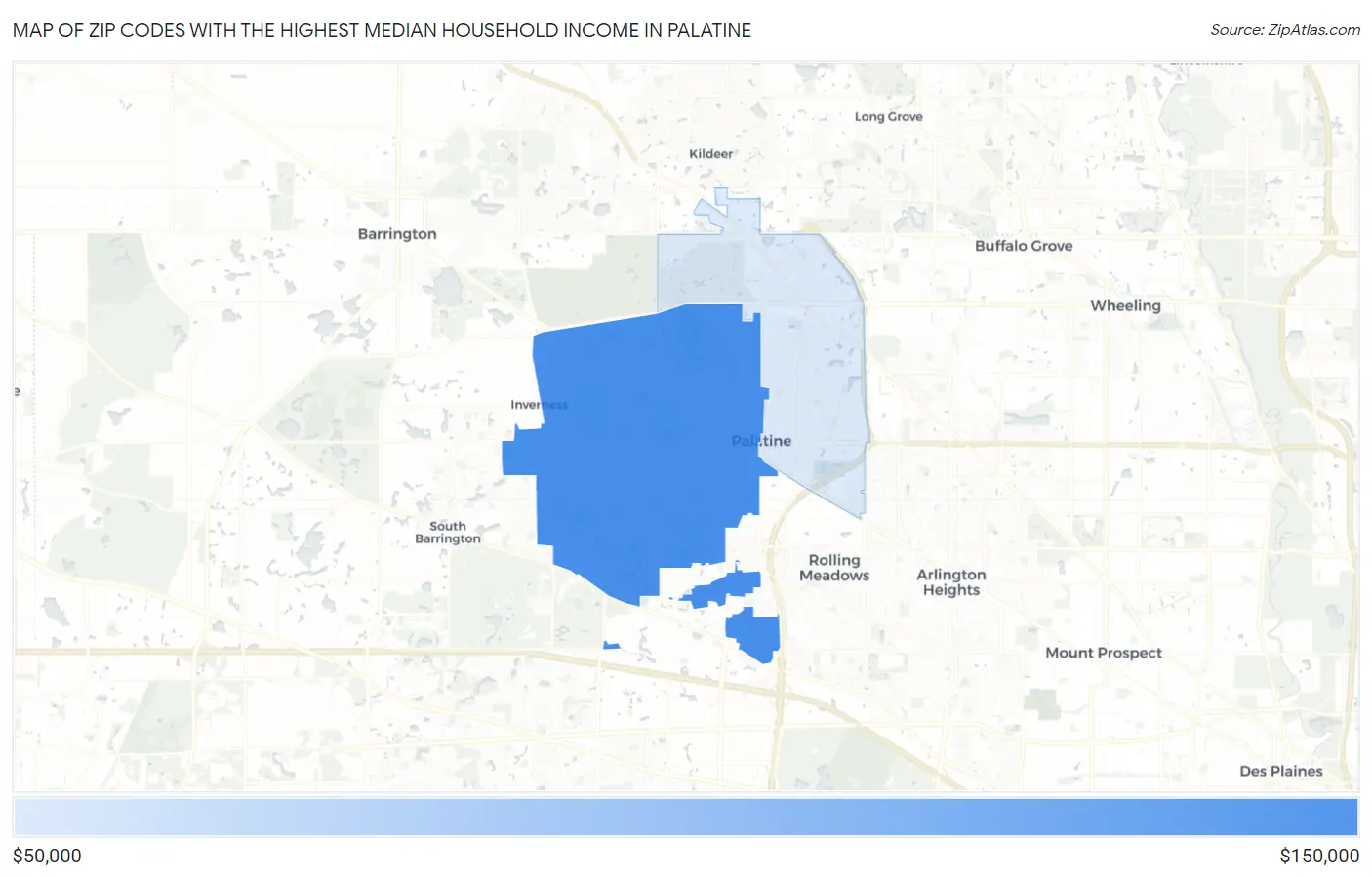 Zip Codes with the Highest Median Household Income in Palatine Map