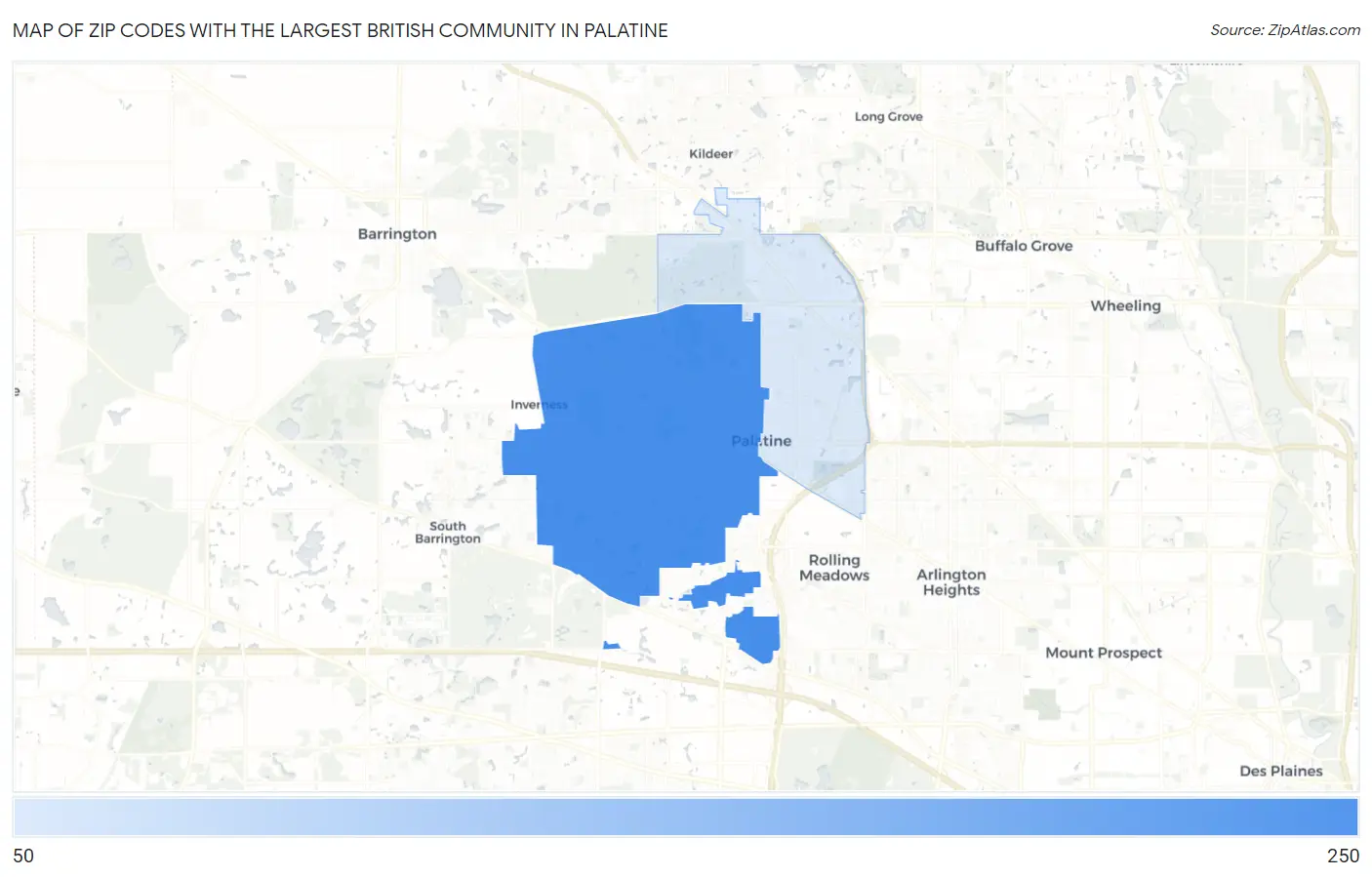 Zip Codes with the Largest British Community in Palatine Map