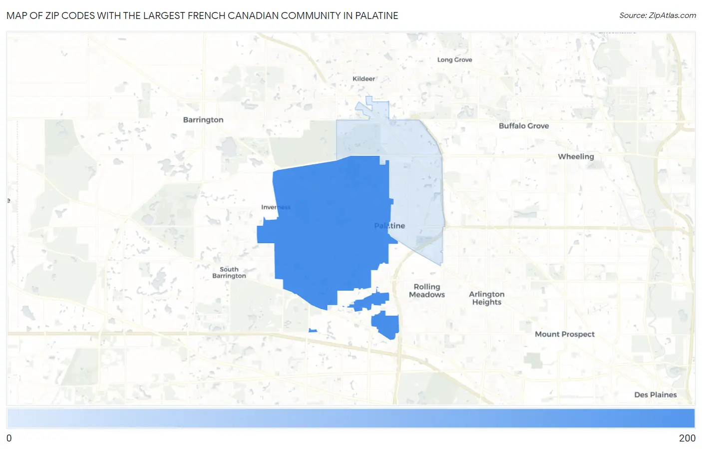Zip Codes with the Largest French Canadian Community in Palatine Map