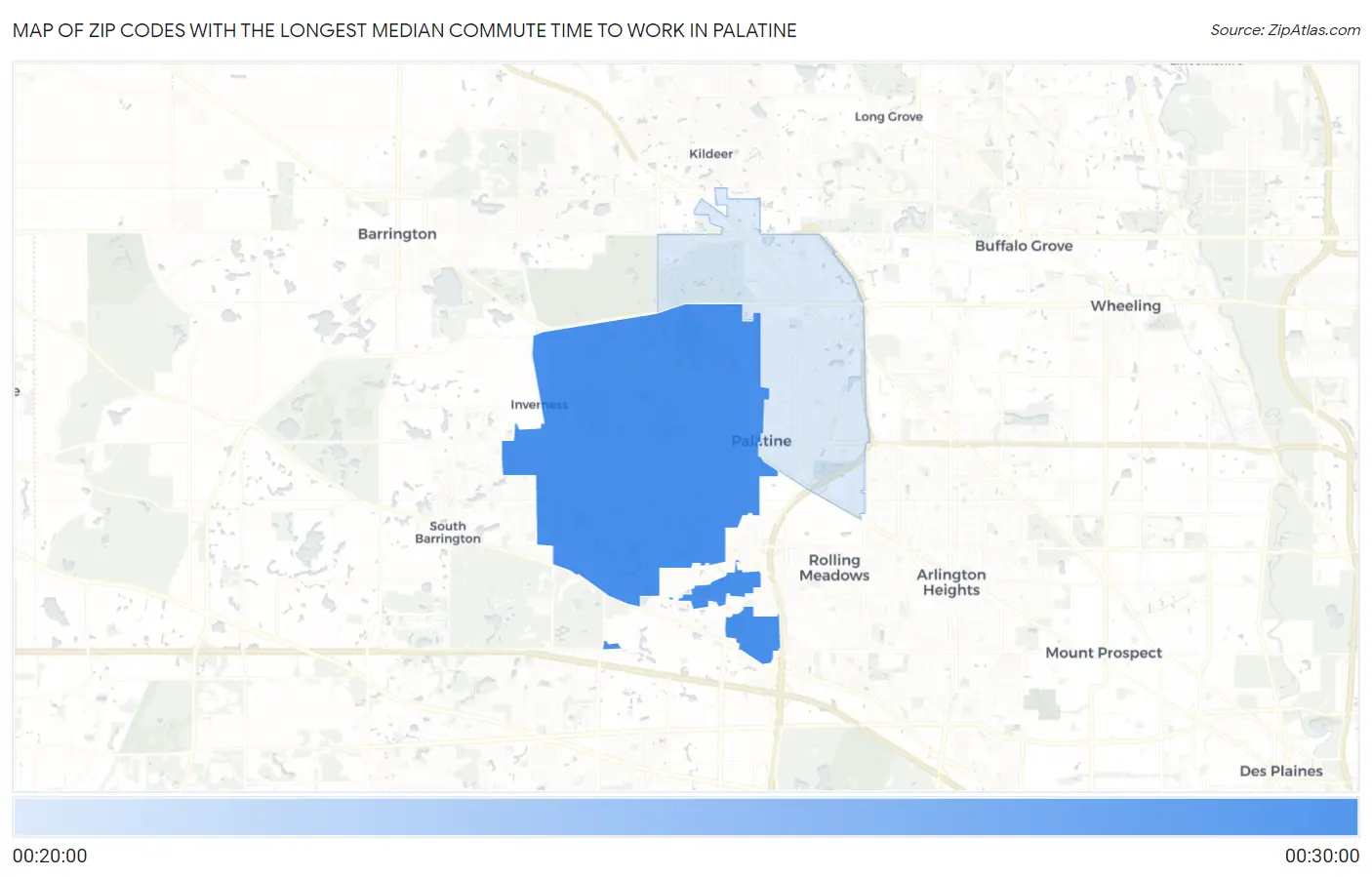 Zip Codes with the Longest Median Commute Time to Work in Palatine Map