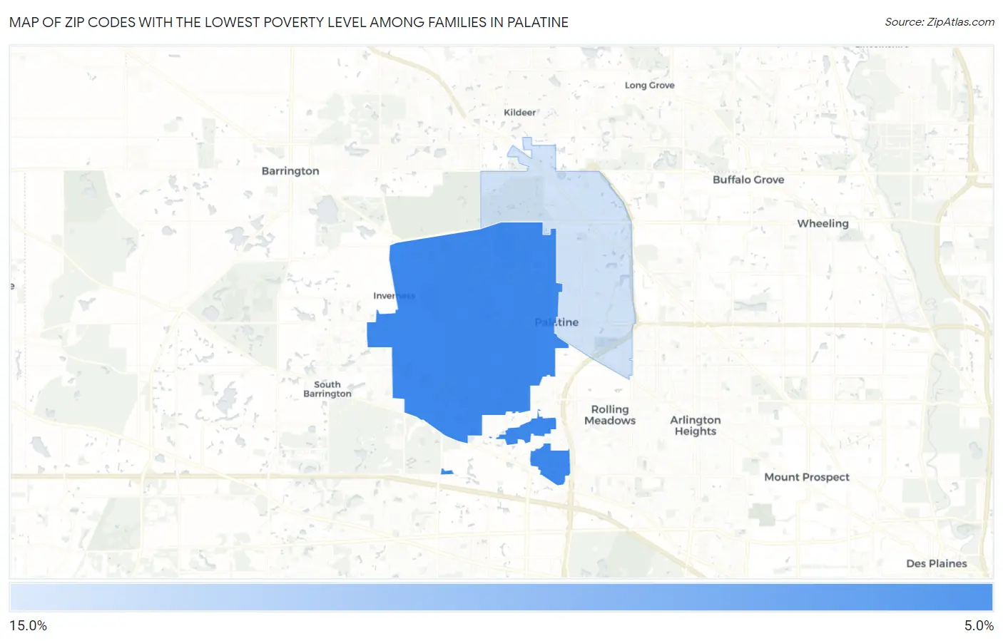 Zip Codes with the Lowest Poverty Level Among Families in Palatine Map
