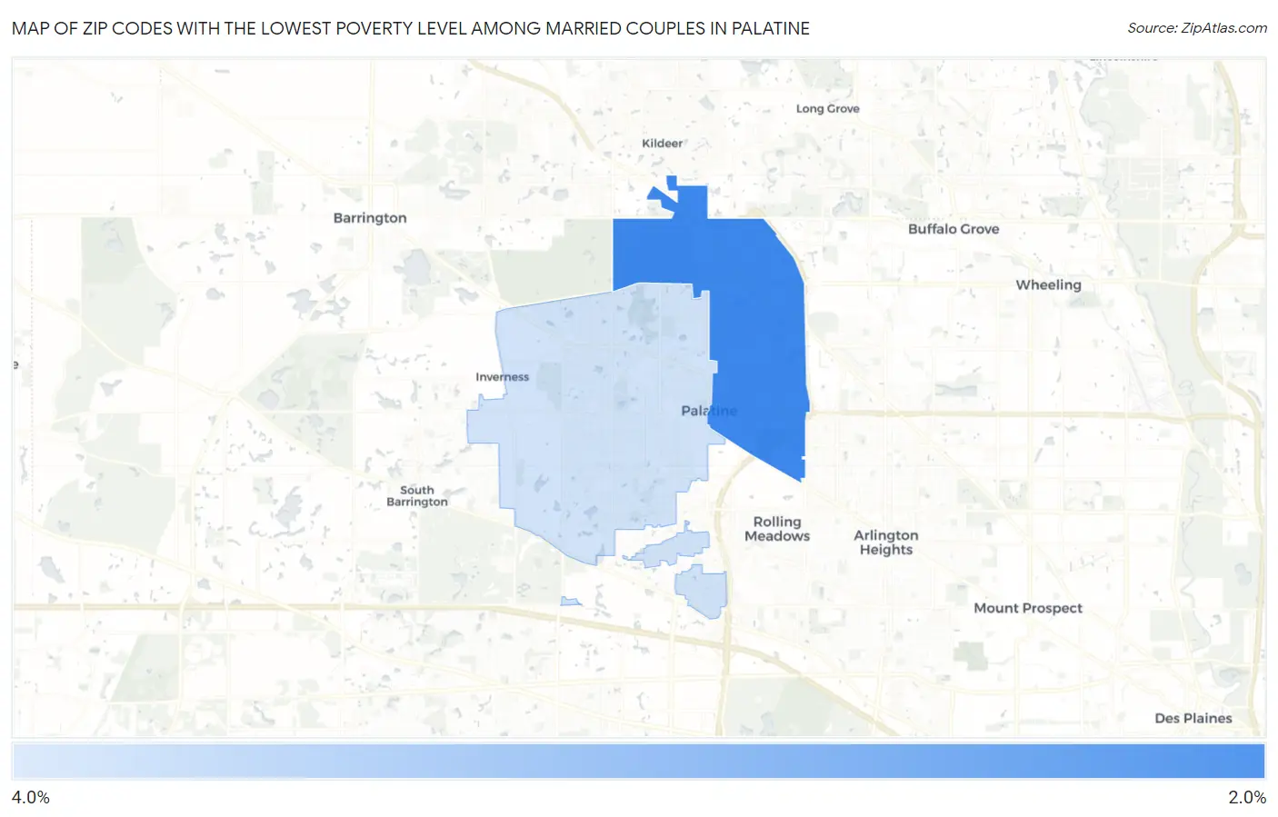 Zip Codes with the Lowest Poverty Level Among Married Couples in Palatine Map