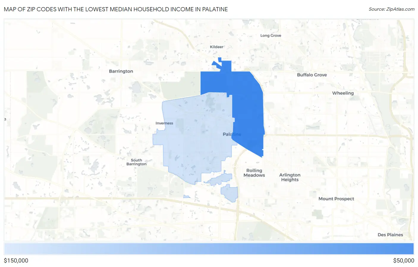 Zip Codes with the Lowest Median Household Income in Palatine Map