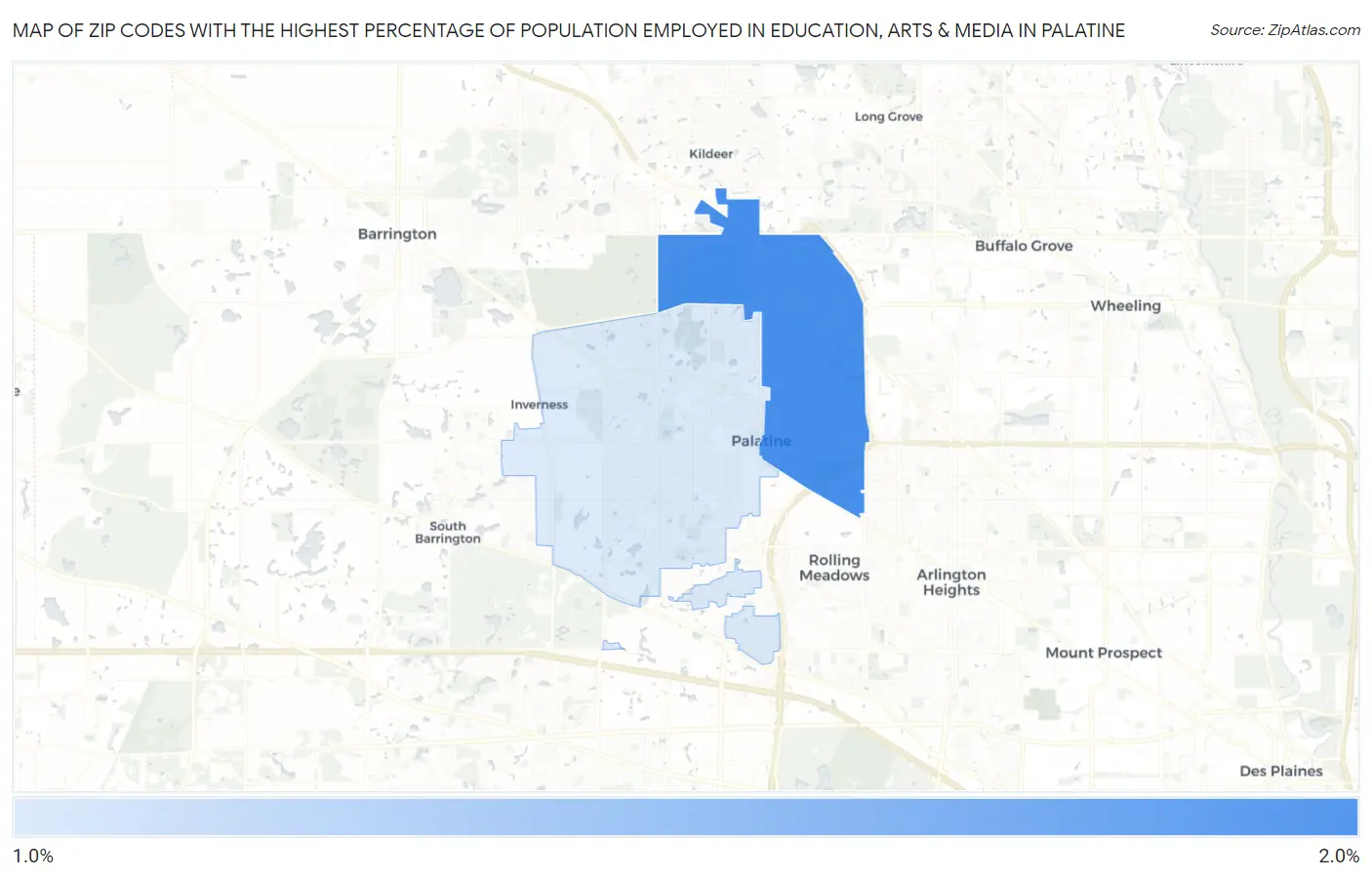 Zip Codes with the Highest Percentage of Population Employed in Education, Arts & Media in Palatine Map