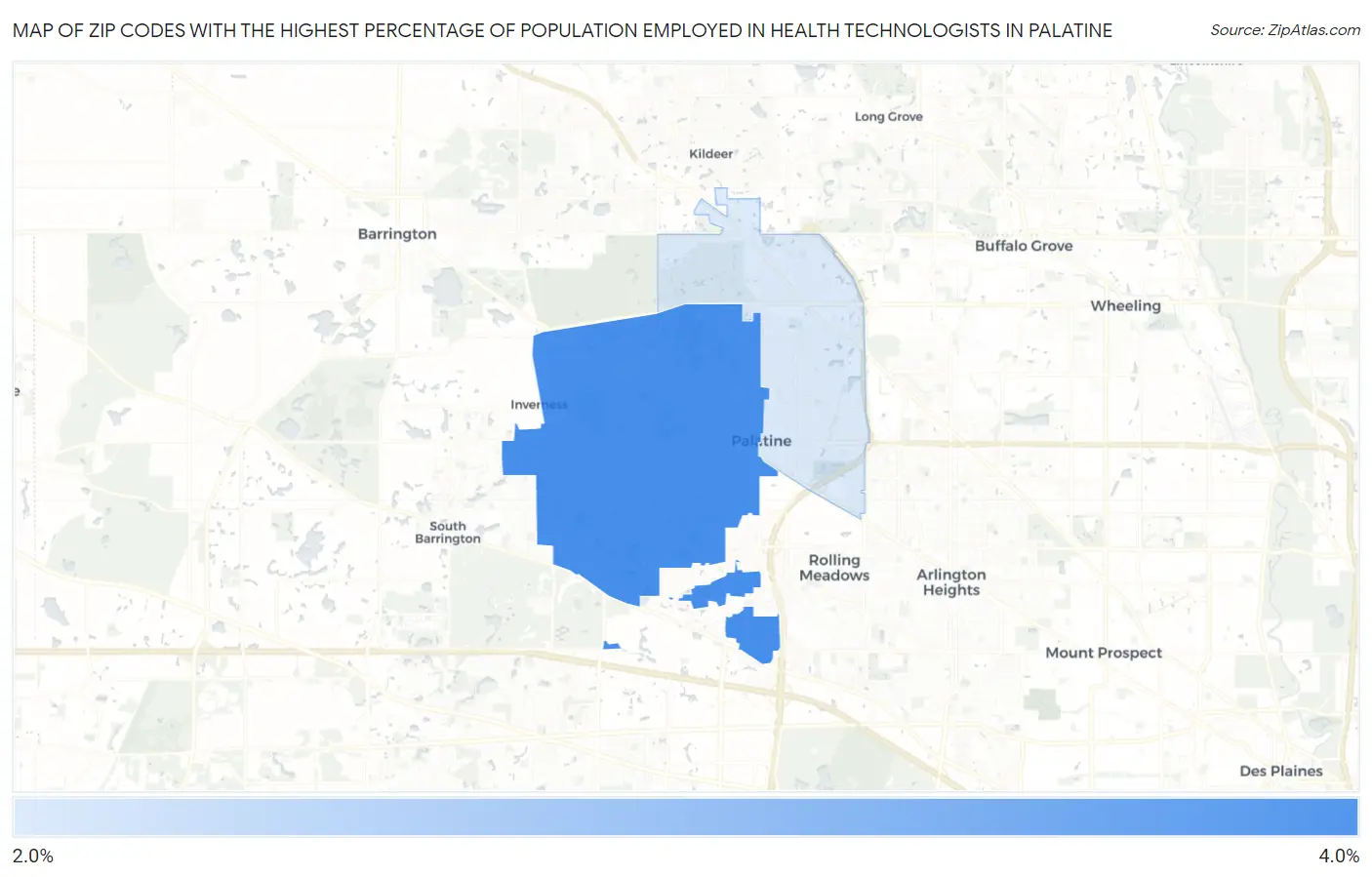 Zip Codes with the Highest Percentage of Population Employed in Health Technologists in Palatine Map