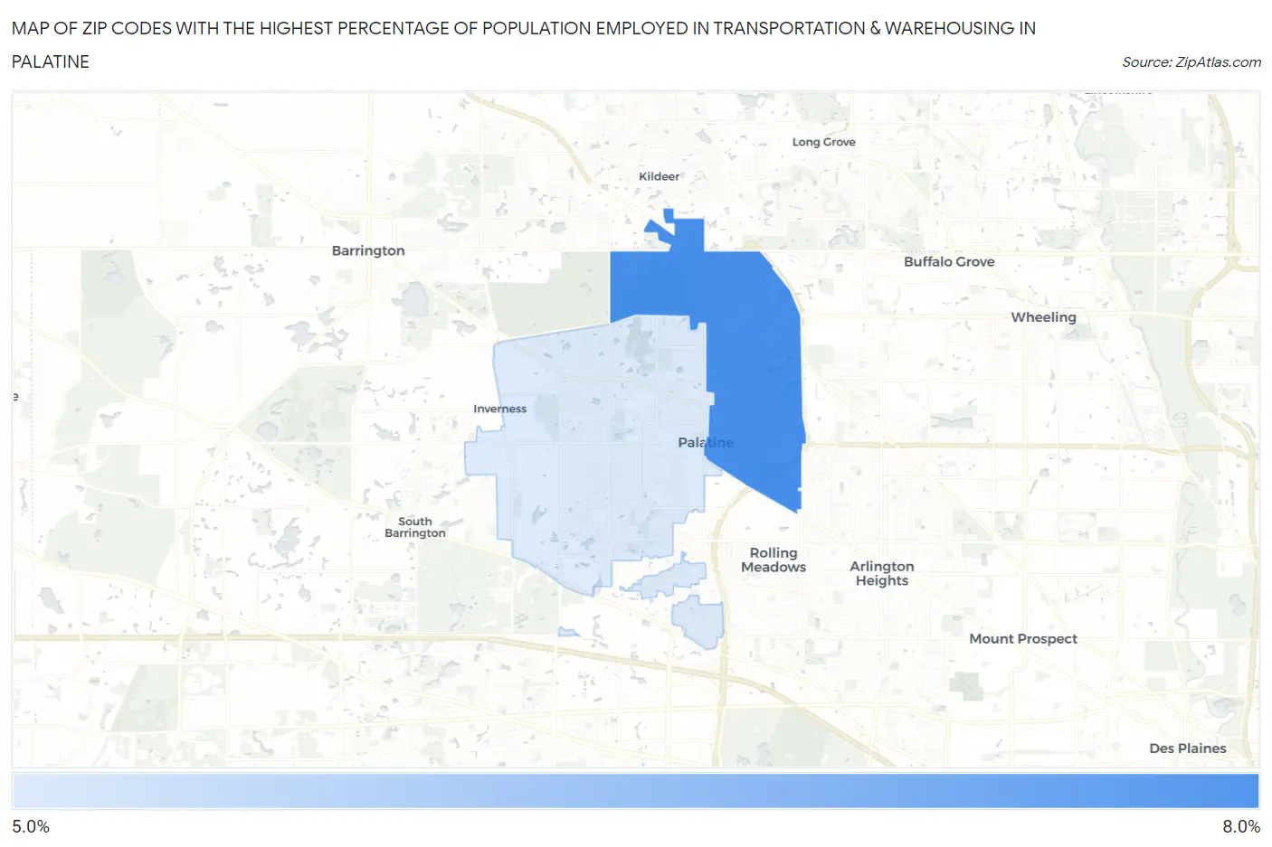 Zip Codes with the Highest Percentage of Population Employed in Transportation & Warehousing in Palatine Map