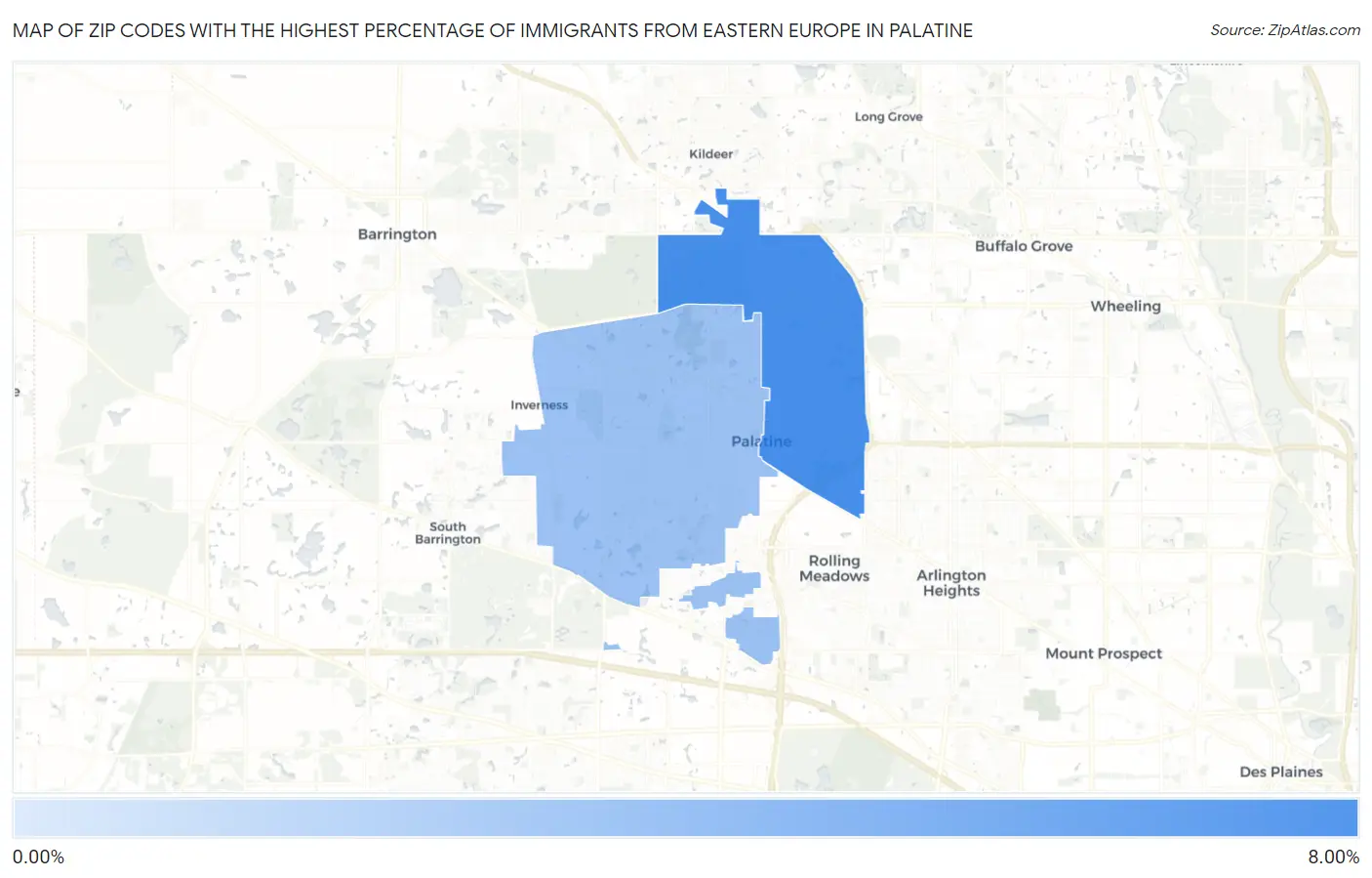 Zip Codes with the Highest Percentage of Immigrants from Eastern Europe in Palatine Map