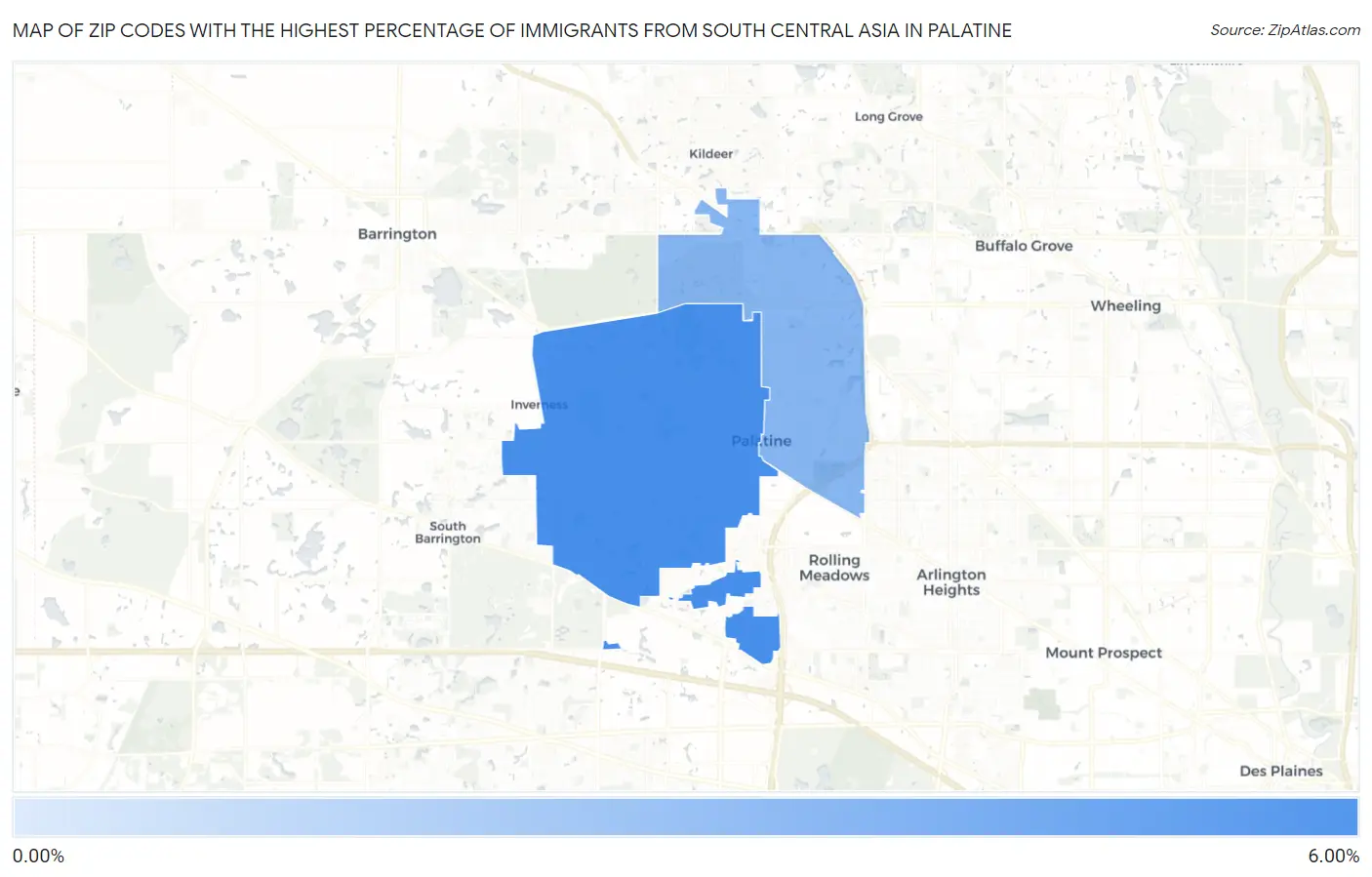 Zip Codes with the Highest Percentage of Immigrants from South Central Asia in Palatine Map