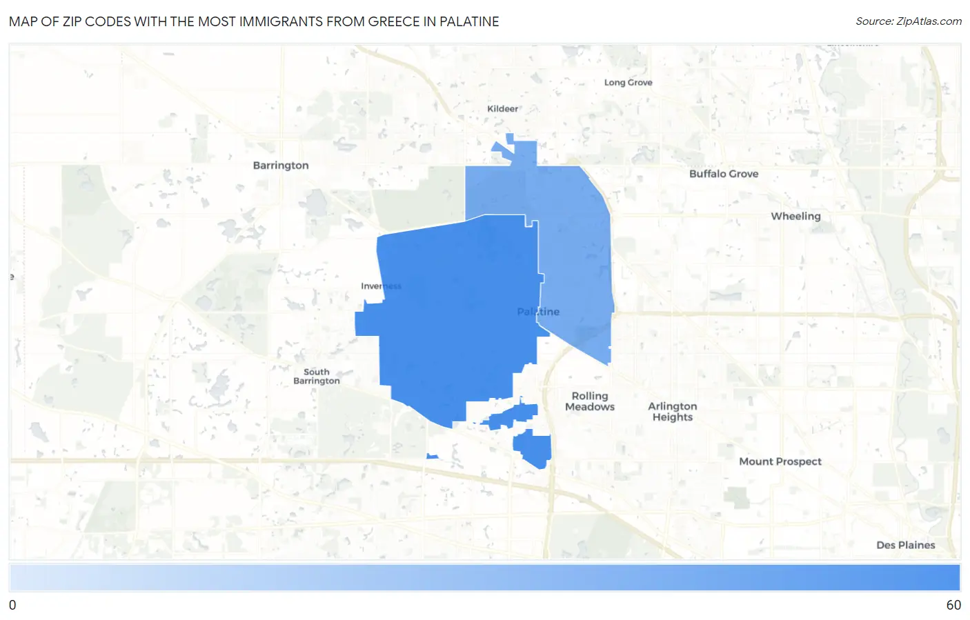 Zip Codes with the Most Immigrants from Greece in Palatine Map
