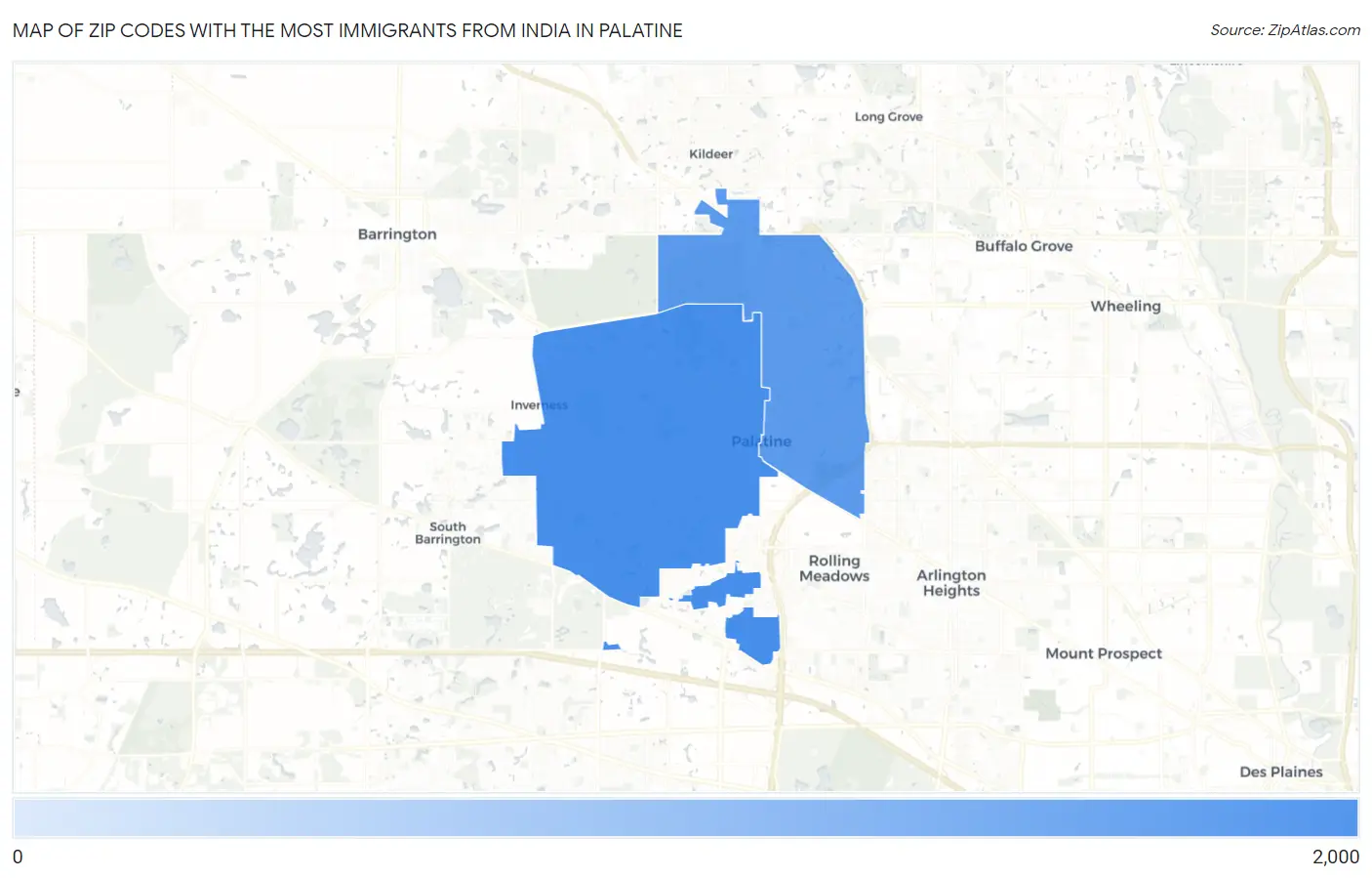 Zip Codes with the Most Immigrants from India in Palatine Map