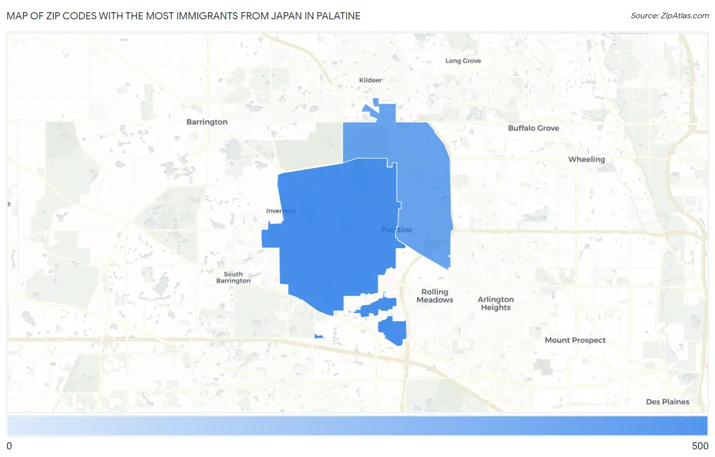 Zip Codes with the Most Immigrants from Japan in Palatine Map
