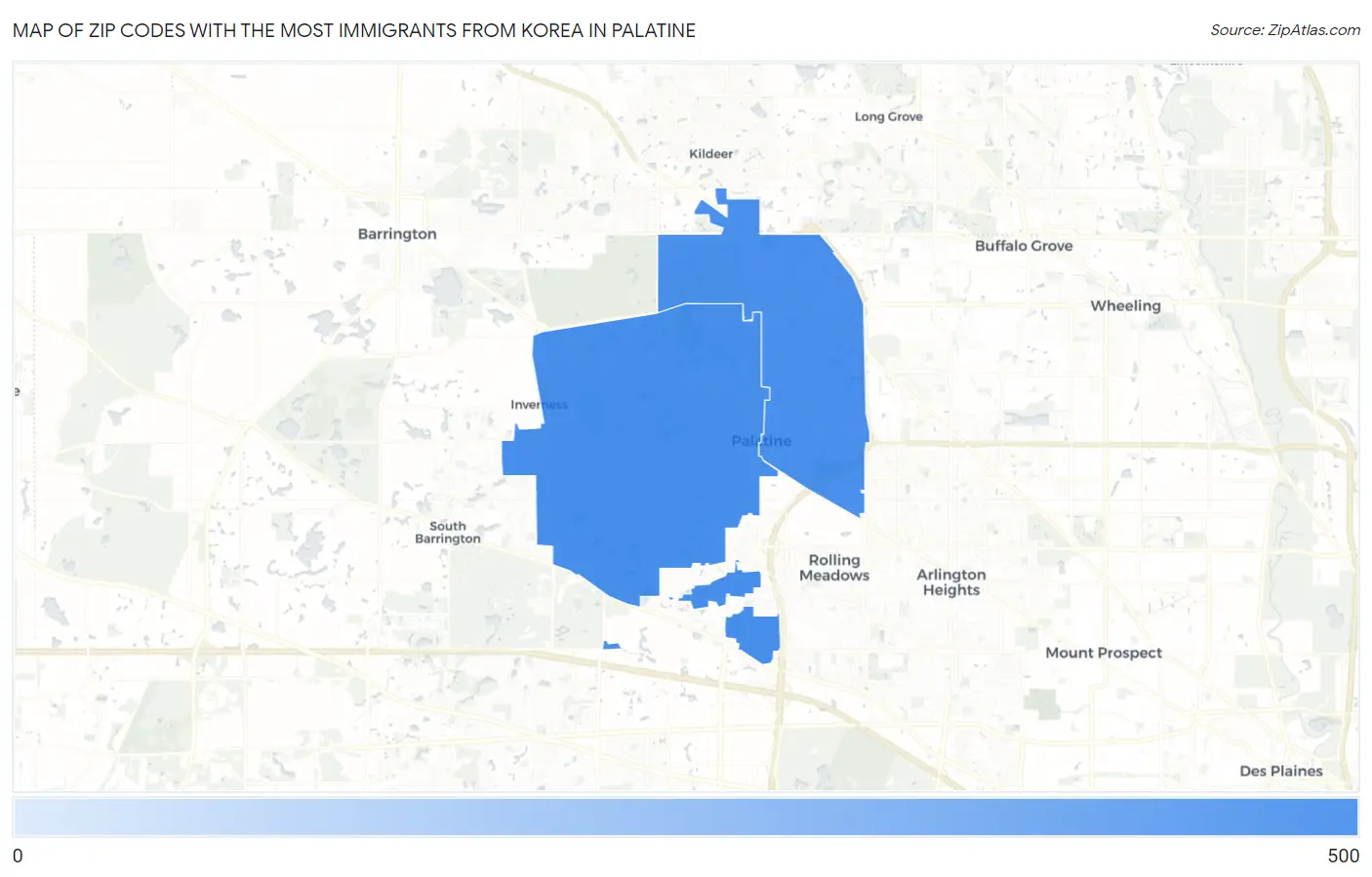 Zip Codes with the Most Immigrants from Korea in Palatine Map