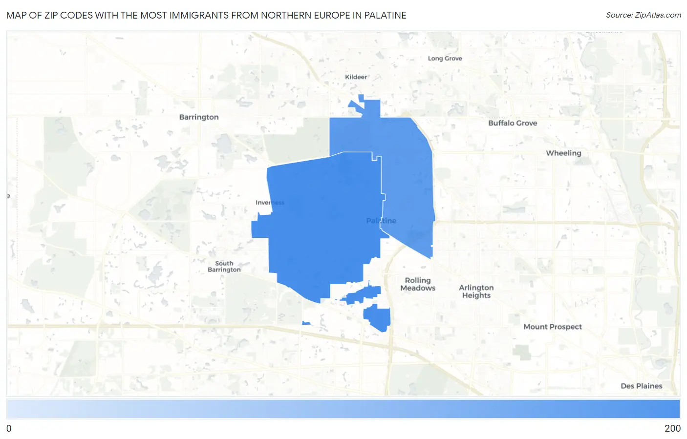 Zip Codes with the Most Immigrants from Northern Europe in Palatine Map