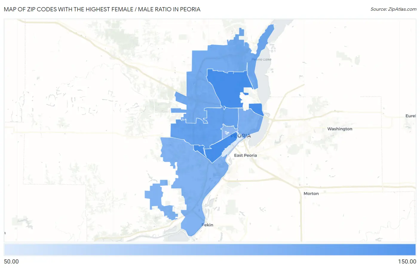 Zip Codes with the Highest Female / Male Ratio in Peoria Map