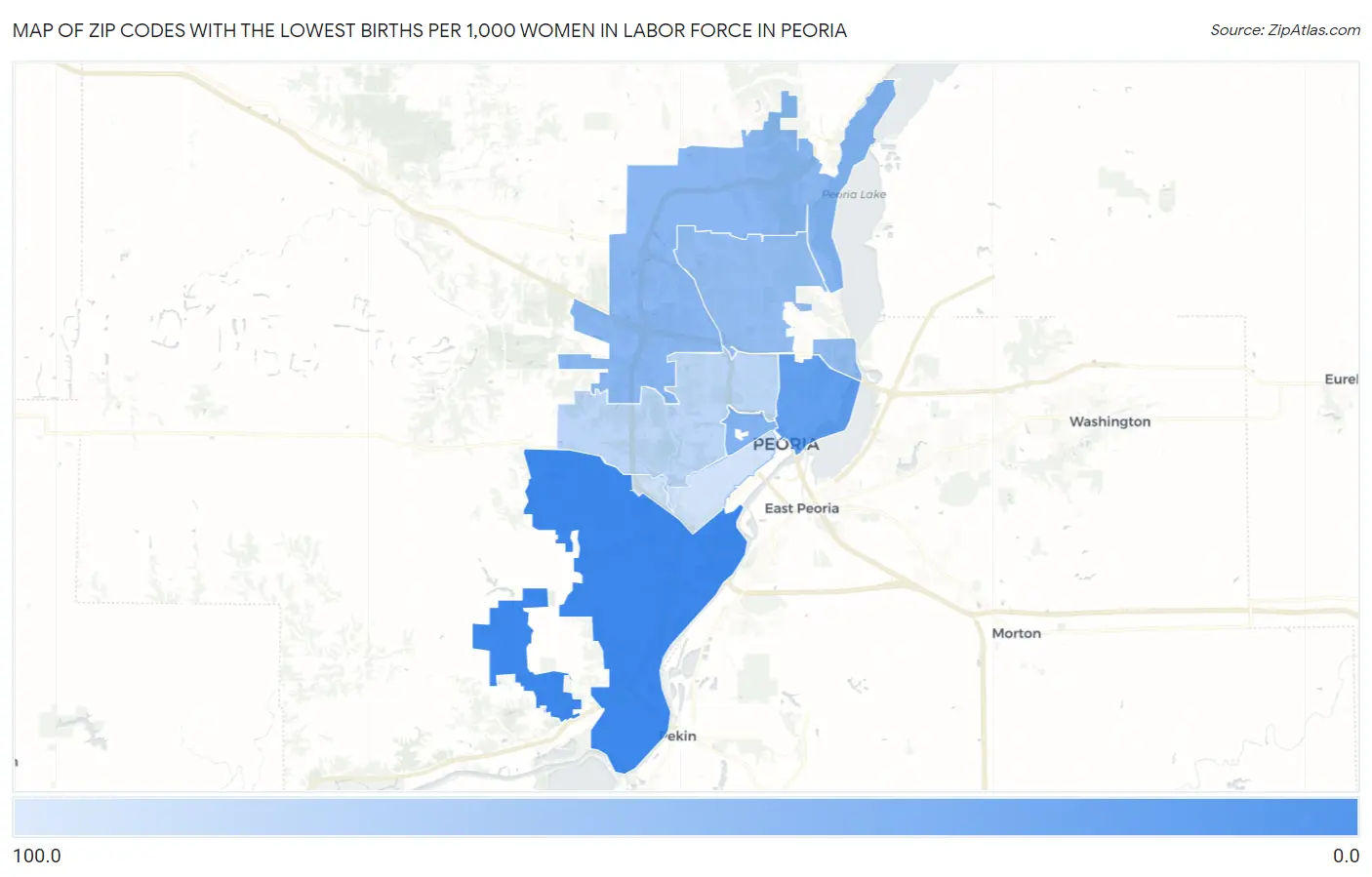 Zip Codes with the Lowest Births per 1,000 Women in Labor Force in Peoria Map