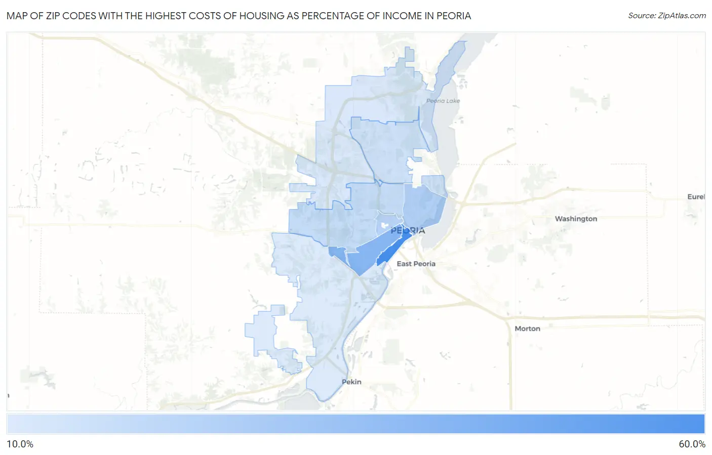 Zip Codes with the Highest Costs of Housing as Percentage of Income in Peoria Map