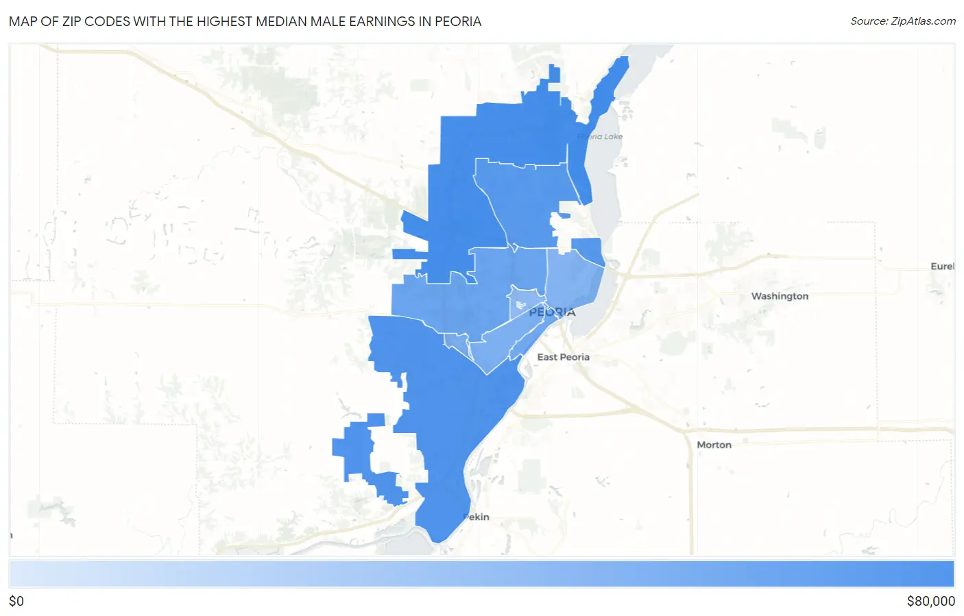 Zip Codes with the Highest Median Male Earnings in Peoria Map