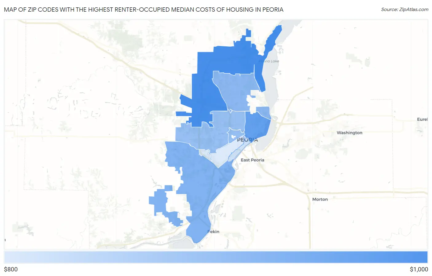 Zip Codes with the Highest Renter-Occupied Median Costs of Housing in Peoria Map