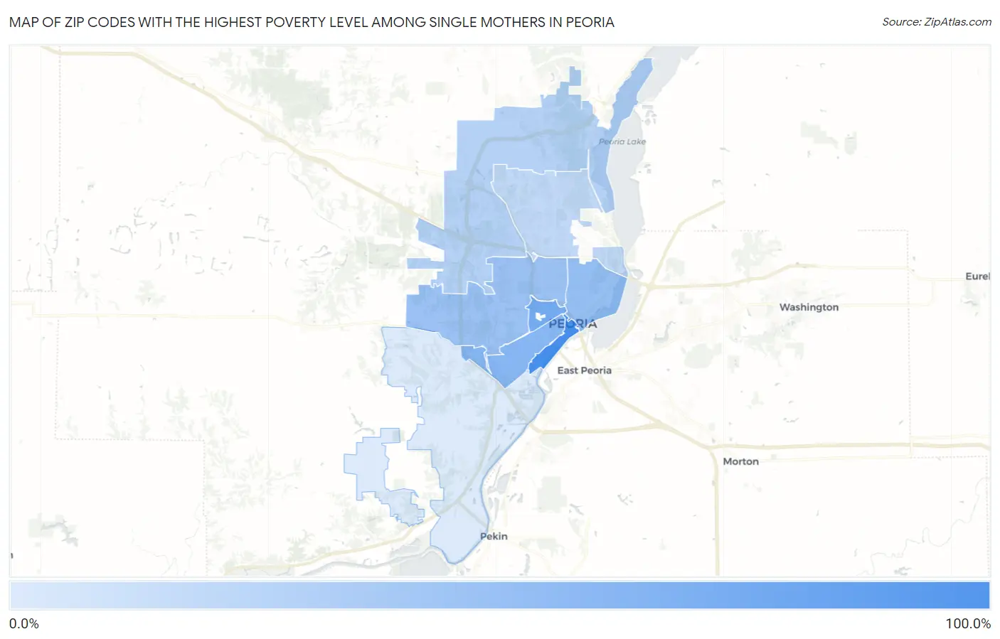 Zip Codes with the Highest Poverty Level Among Single Mothers in Peoria Map