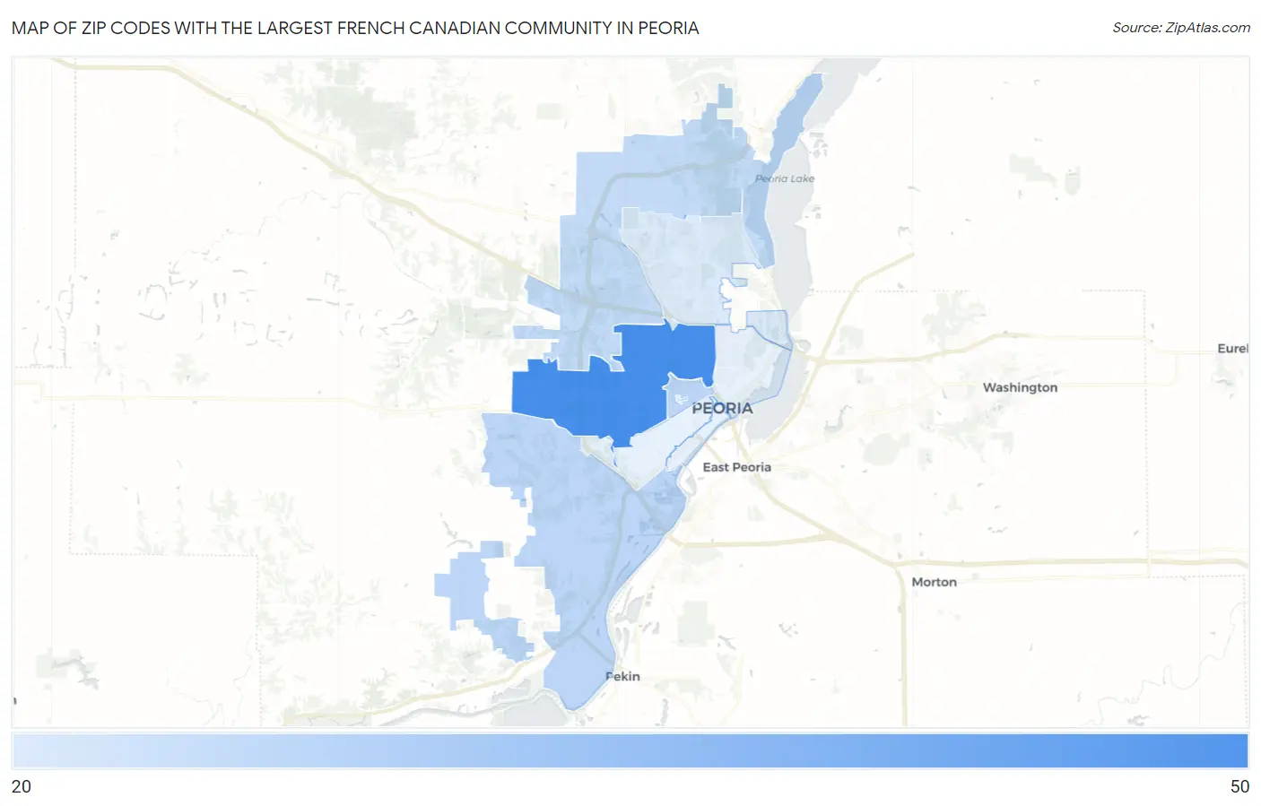 Zip Codes with the Largest French Canadian Community in Peoria Map