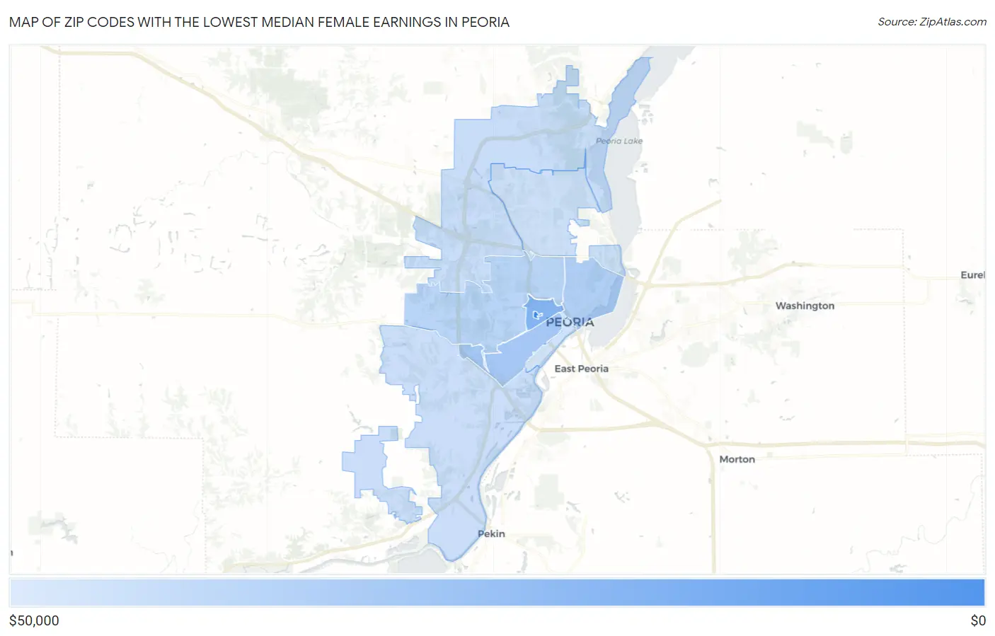 Zip Codes with the Lowest Median Female Earnings in Peoria Map