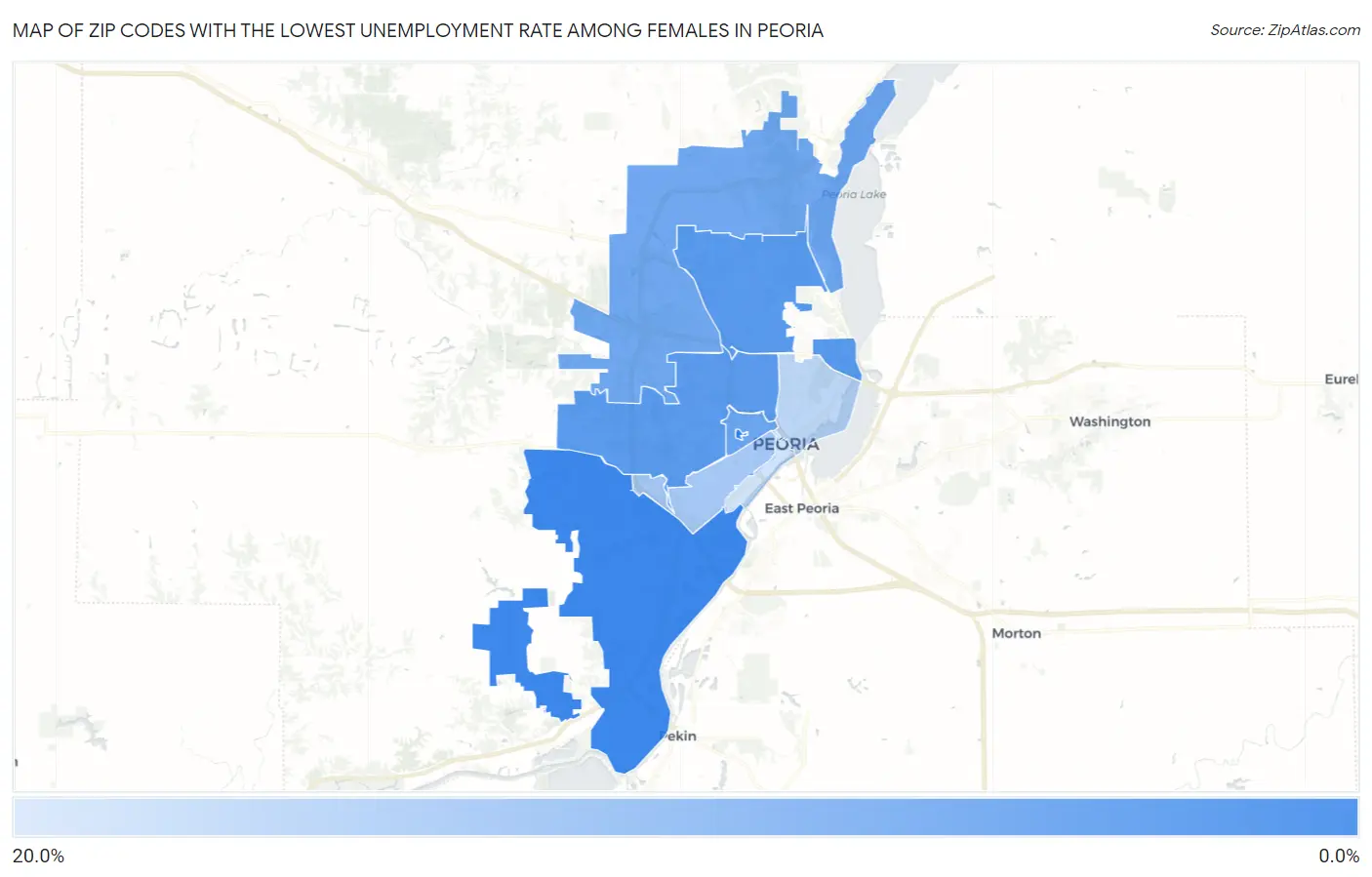 Zip Codes with the Lowest Unemployment Rate Among Females in Peoria Map