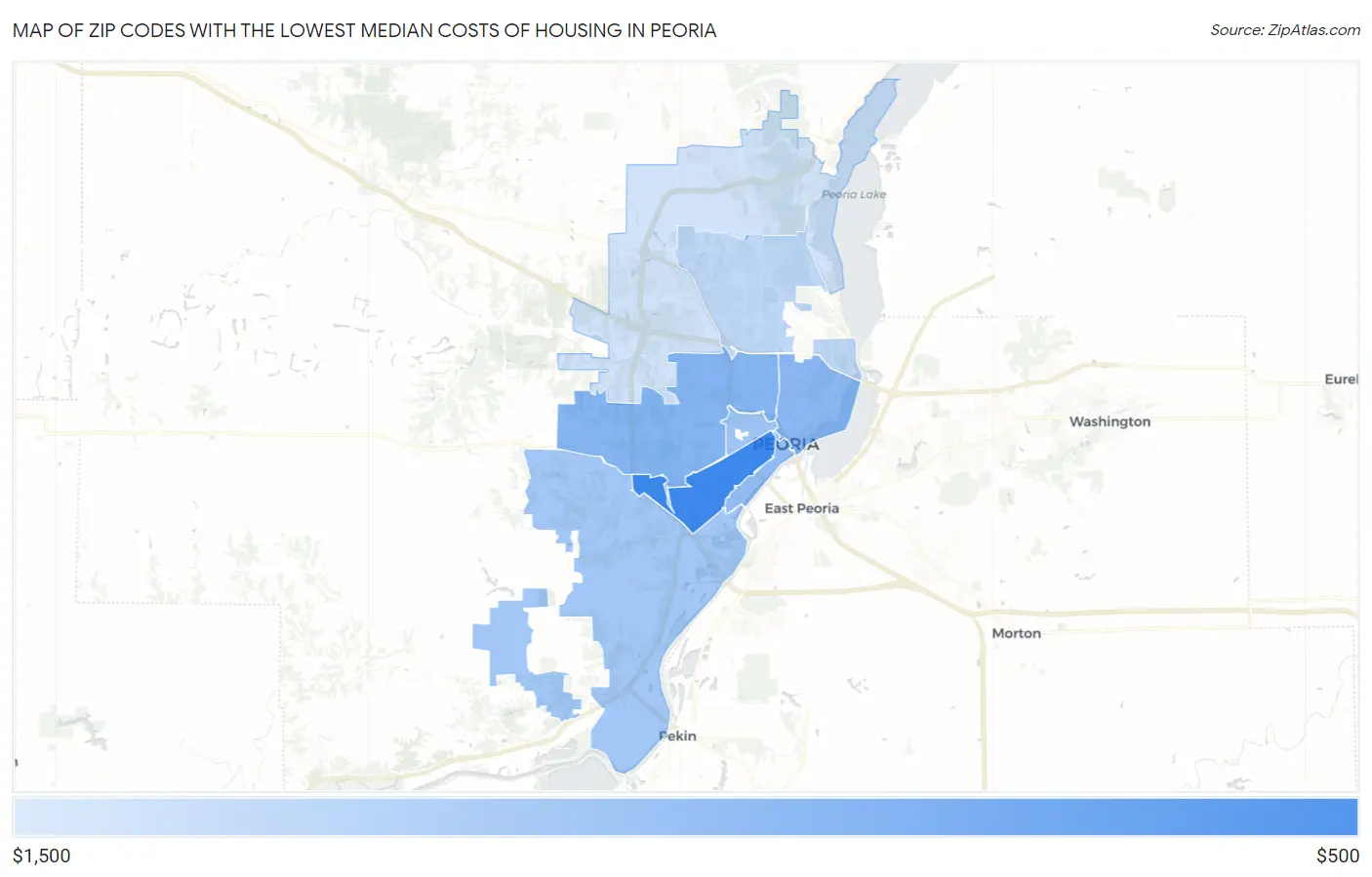 Zip Codes with the Lowest Median Costs of Housing in Peoria Map
