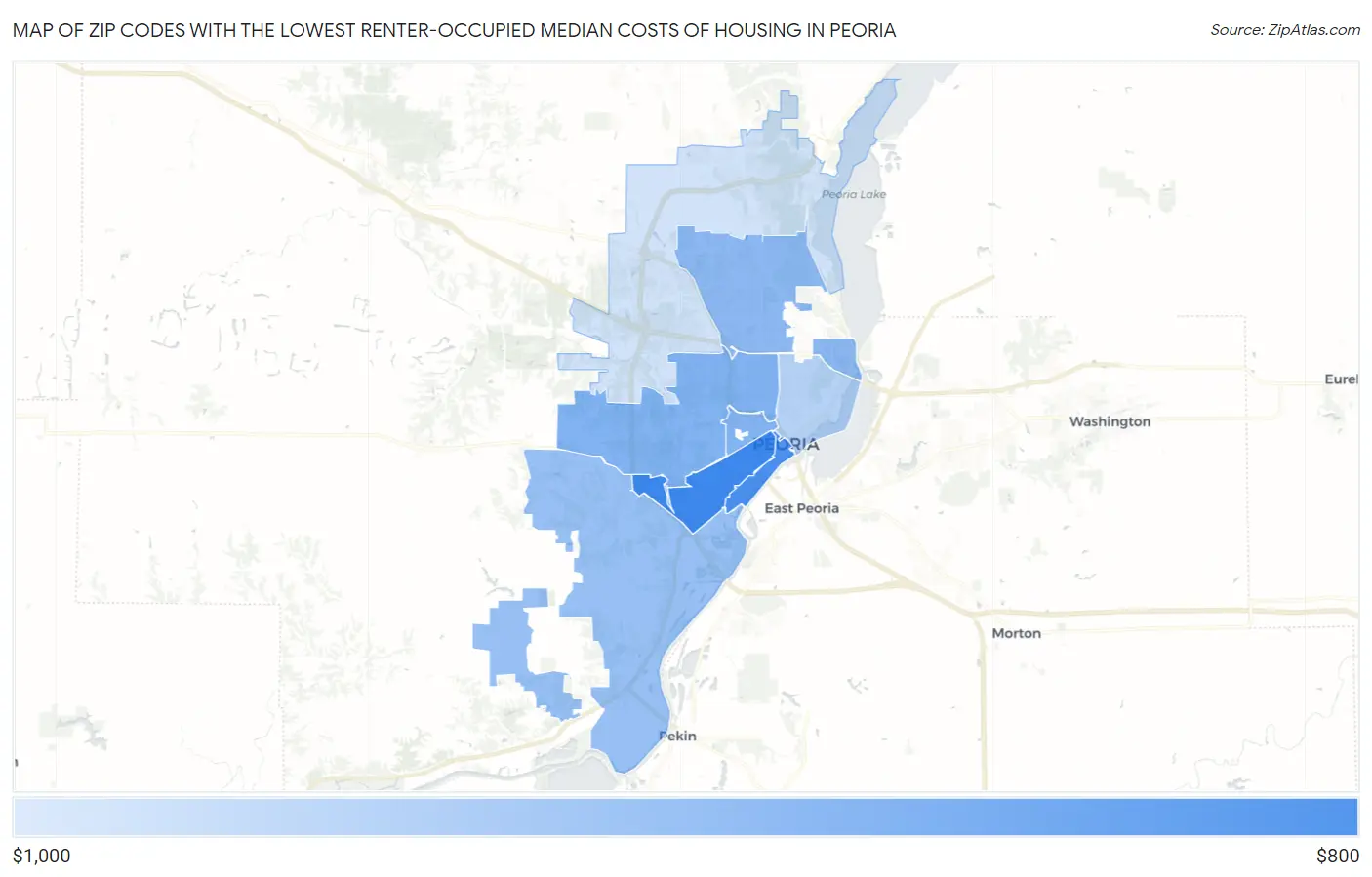 Zip Codes with the Lowest Renter-Occupied Median Costs of Housing in Peoria Map