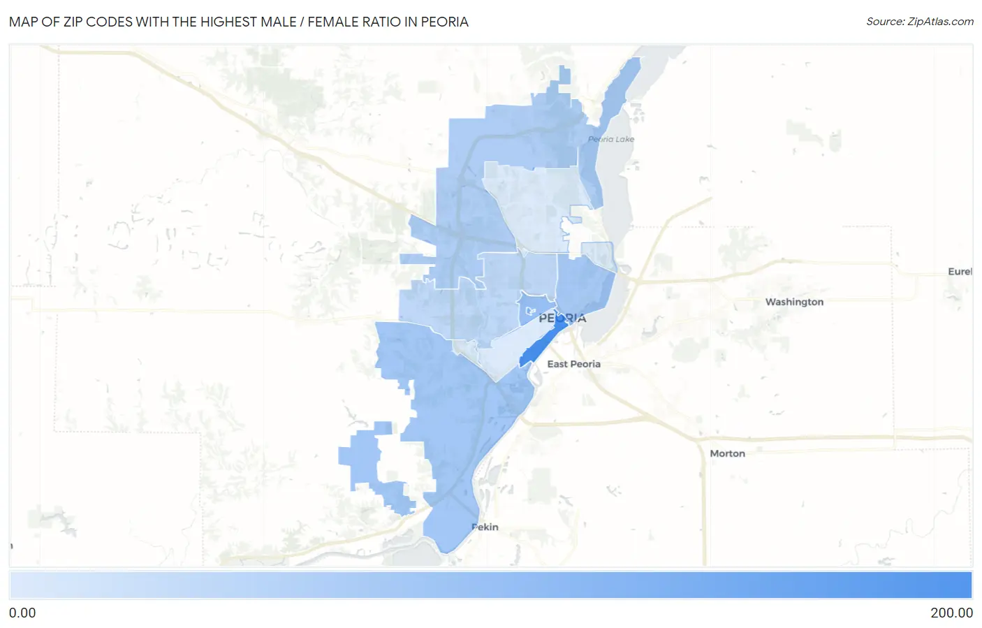 Zip Codes with the Highest Male / Female Ratio in Peoria Map