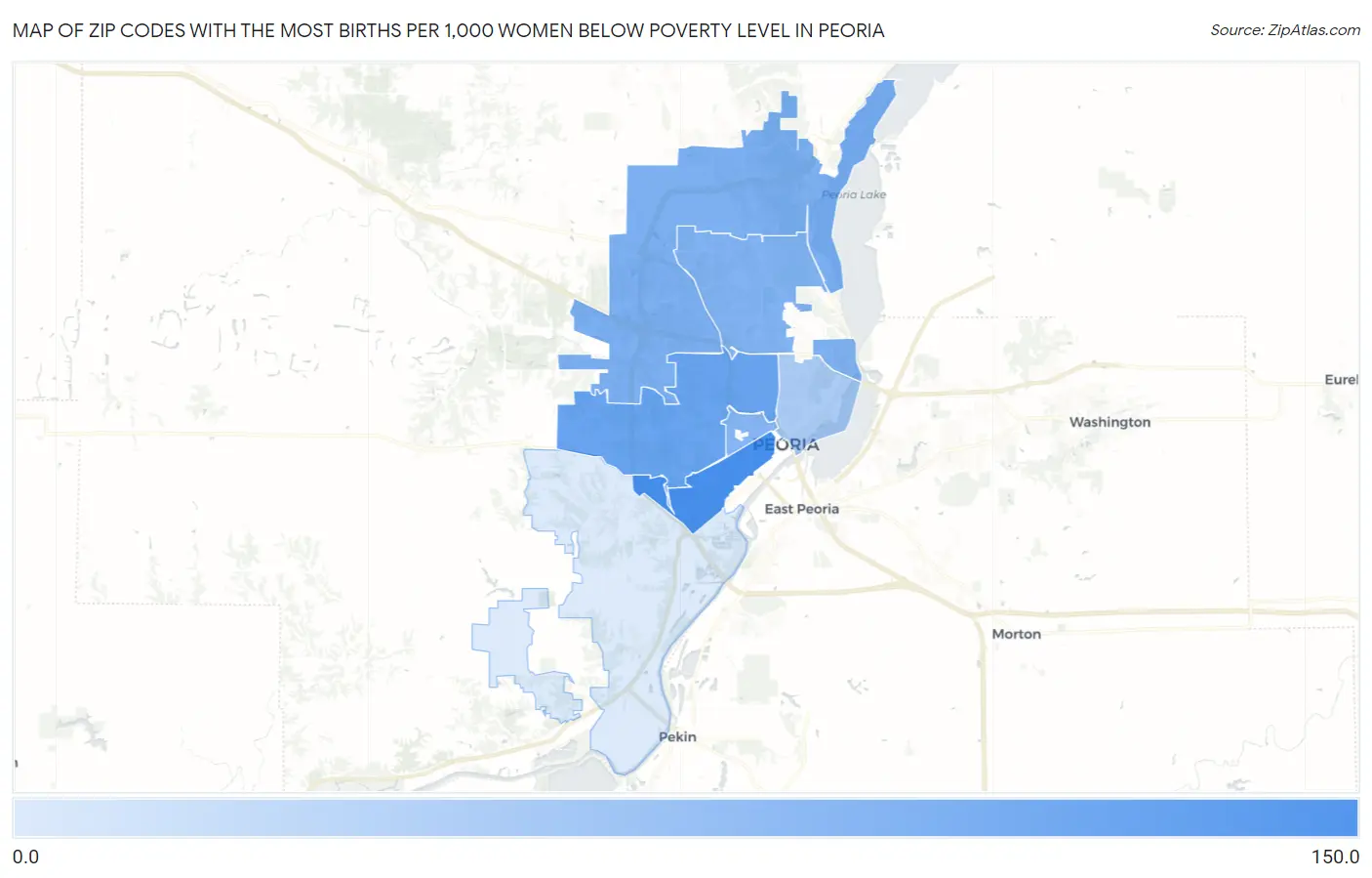 Zip Codes with the Most Births per 1,000 Women Below Poverty Level in Peoria Map