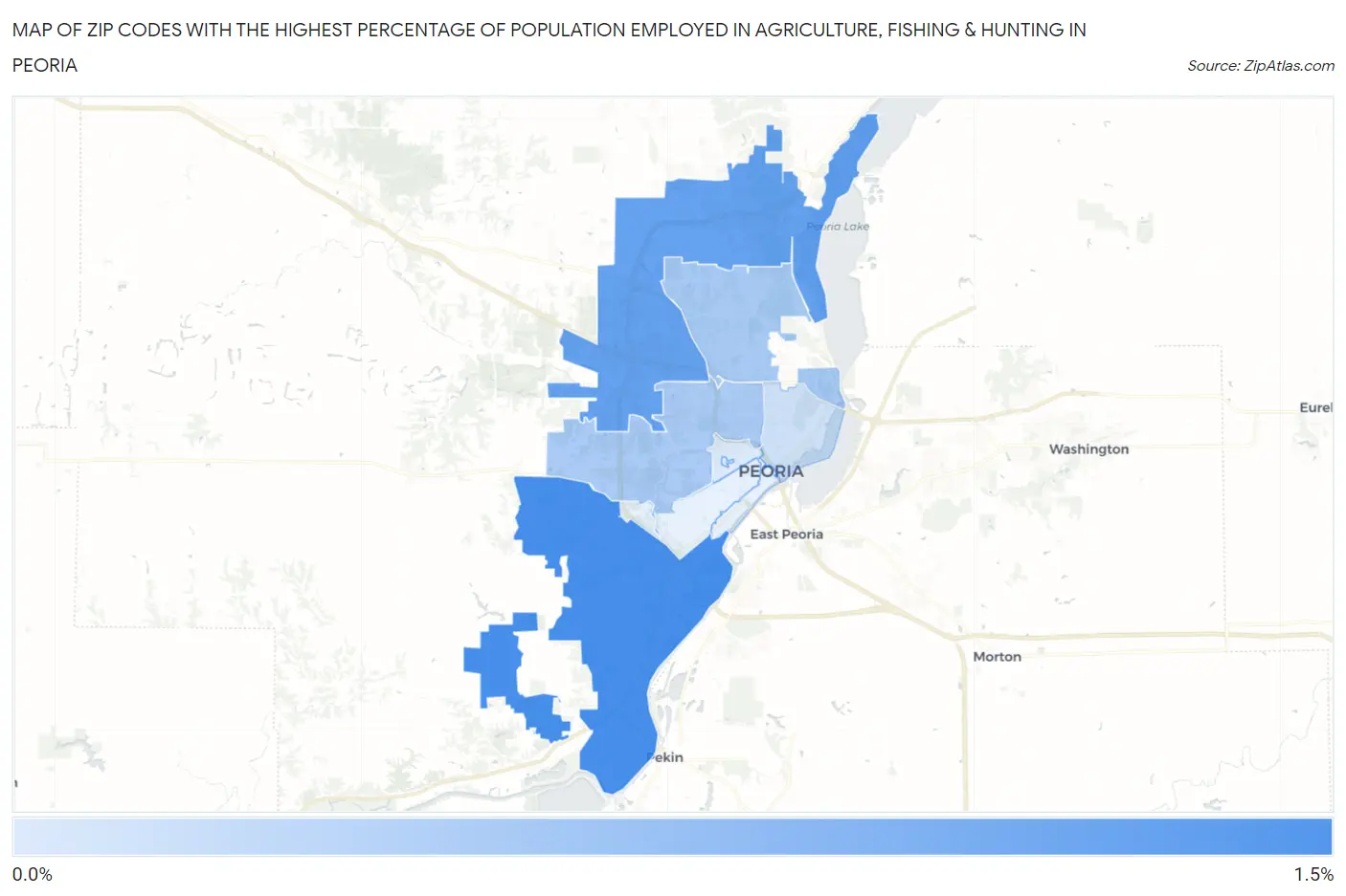 Zip Codes with the Highest Percentage of Population Employed in Agriculture, Fishing & Hunting in Peoria Map