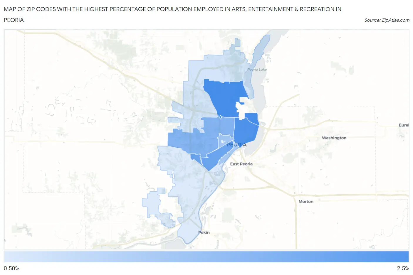 Zip Codes with the Highest Percentage of Population Employed in Arts, Entertainment & Recreation in Peoria Map