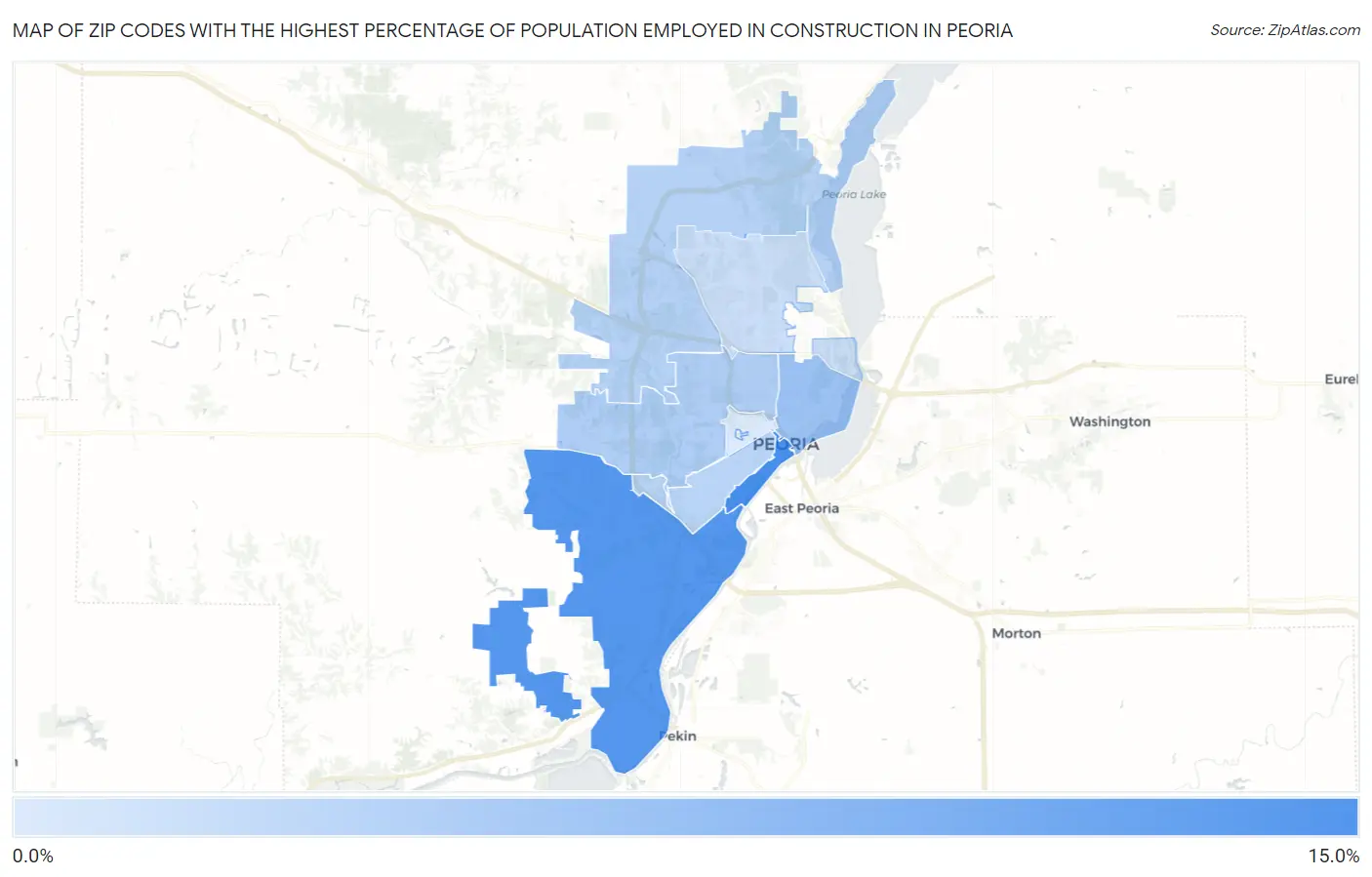 Zip Codes with the Highest Percentage of Population Employed in Construction in Peoria Map