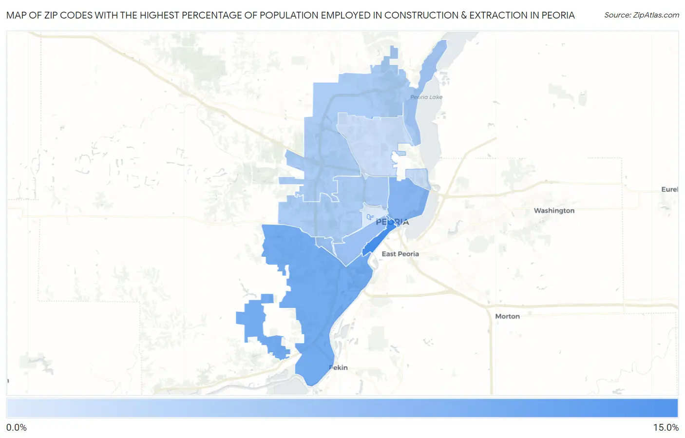 Zip Codes with the Highest Percentage of Population Employed in Construction & Extraction in Peoria Map