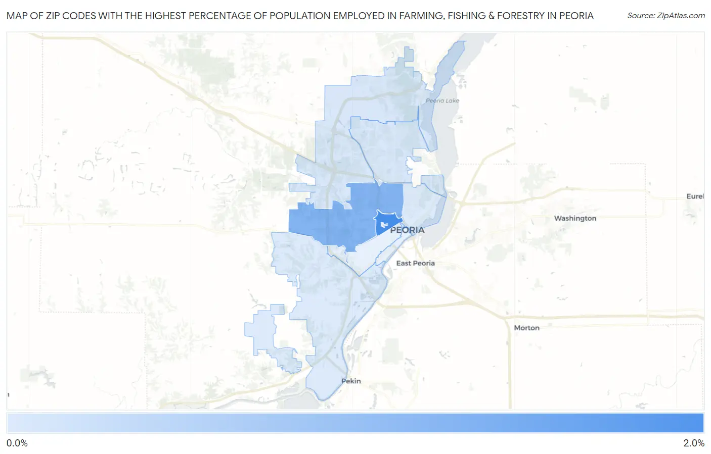 Zip Codes with the Highest Percentage of Population Employed in Farming, Fishing & Forestry in Peoria Map