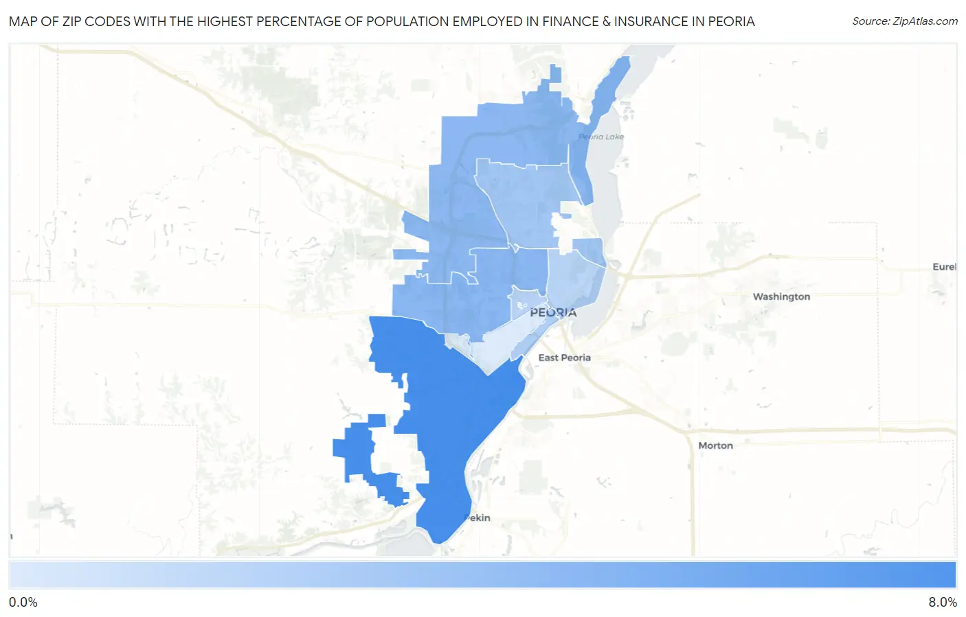 Zip Codes with the Highest Percentage of Population Employed in Finance & Insurance in Peoria Map