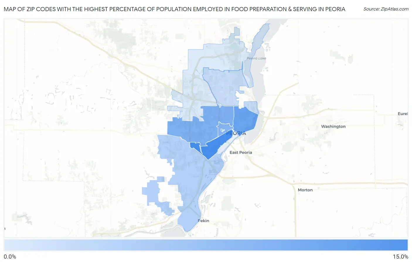 Zip Codes with the Highest Percentage of Population Employed in Food Preparation & Serving in Peoria Map