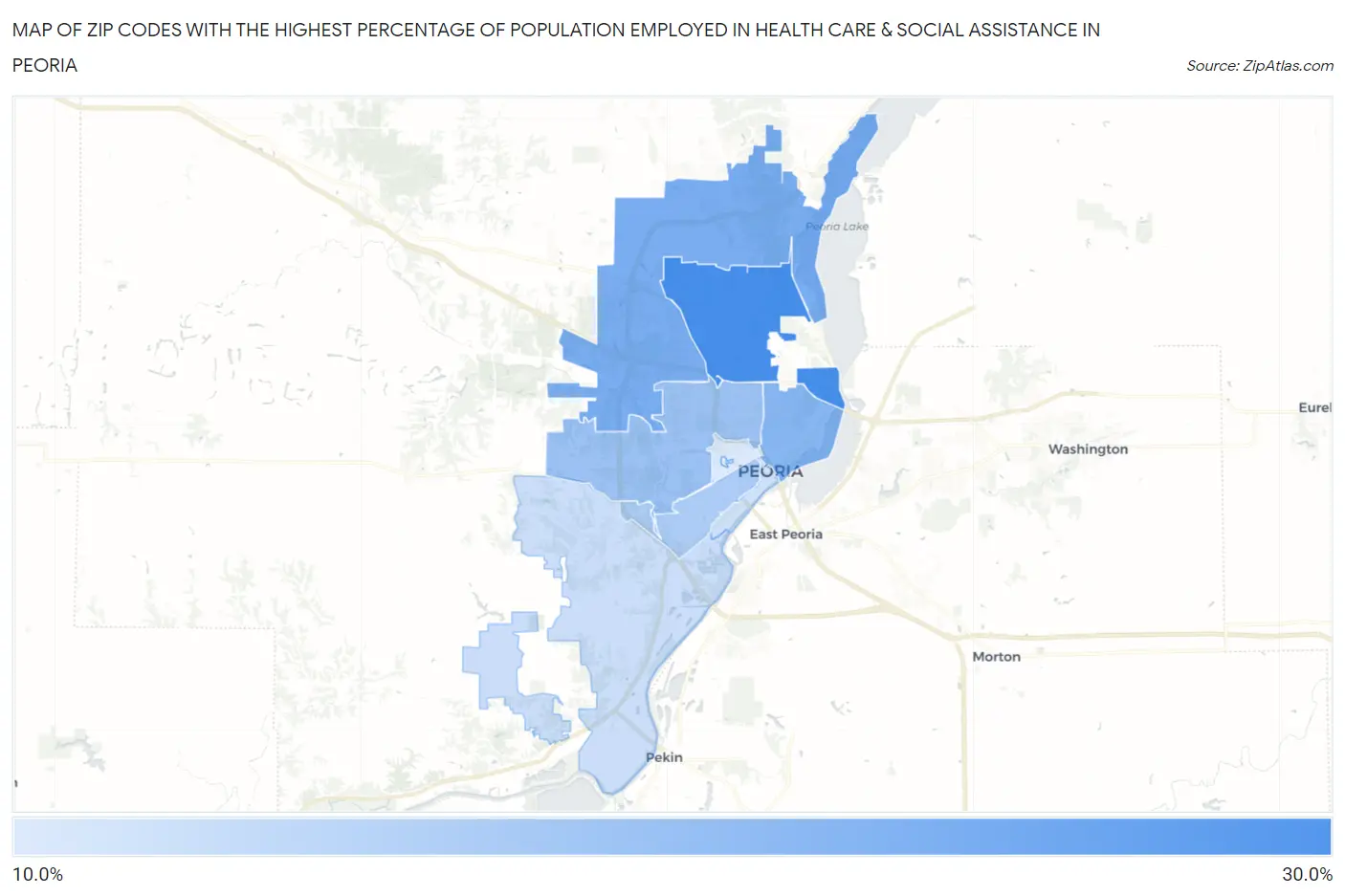 Zip Codes with the Highest Percentage of Population Employed in Health Care & Social Assistance in Peoria Map