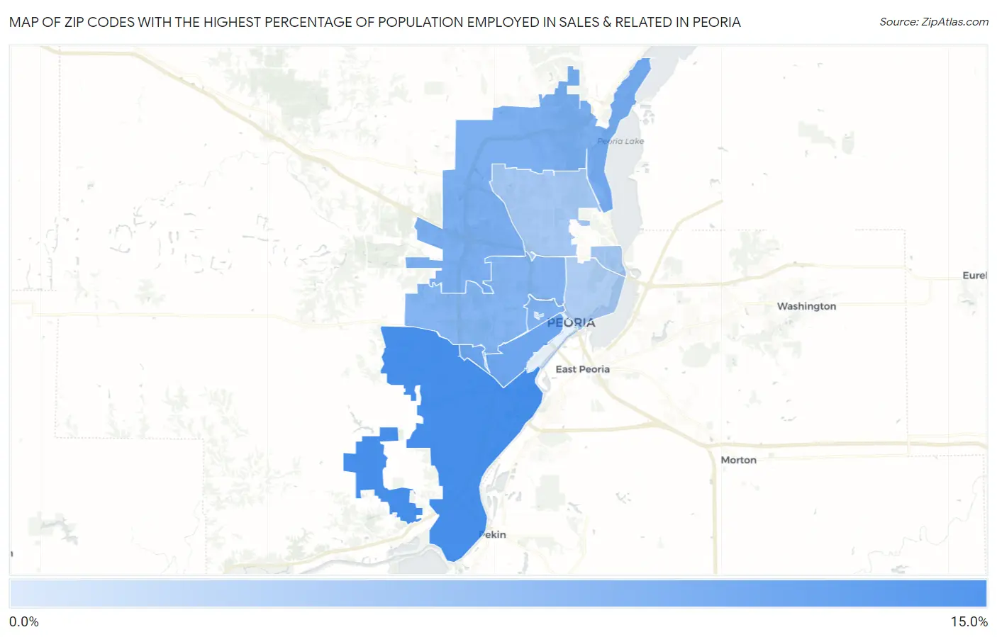Zip Codes with the Highest Percentage of Population Employed in Sales & Related in Peoria Map