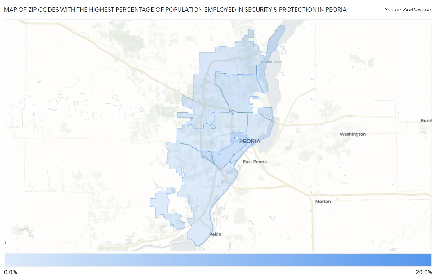 Zip Codes with the Highest Percentage of Population Employed in Security & Protection in Peoria Map