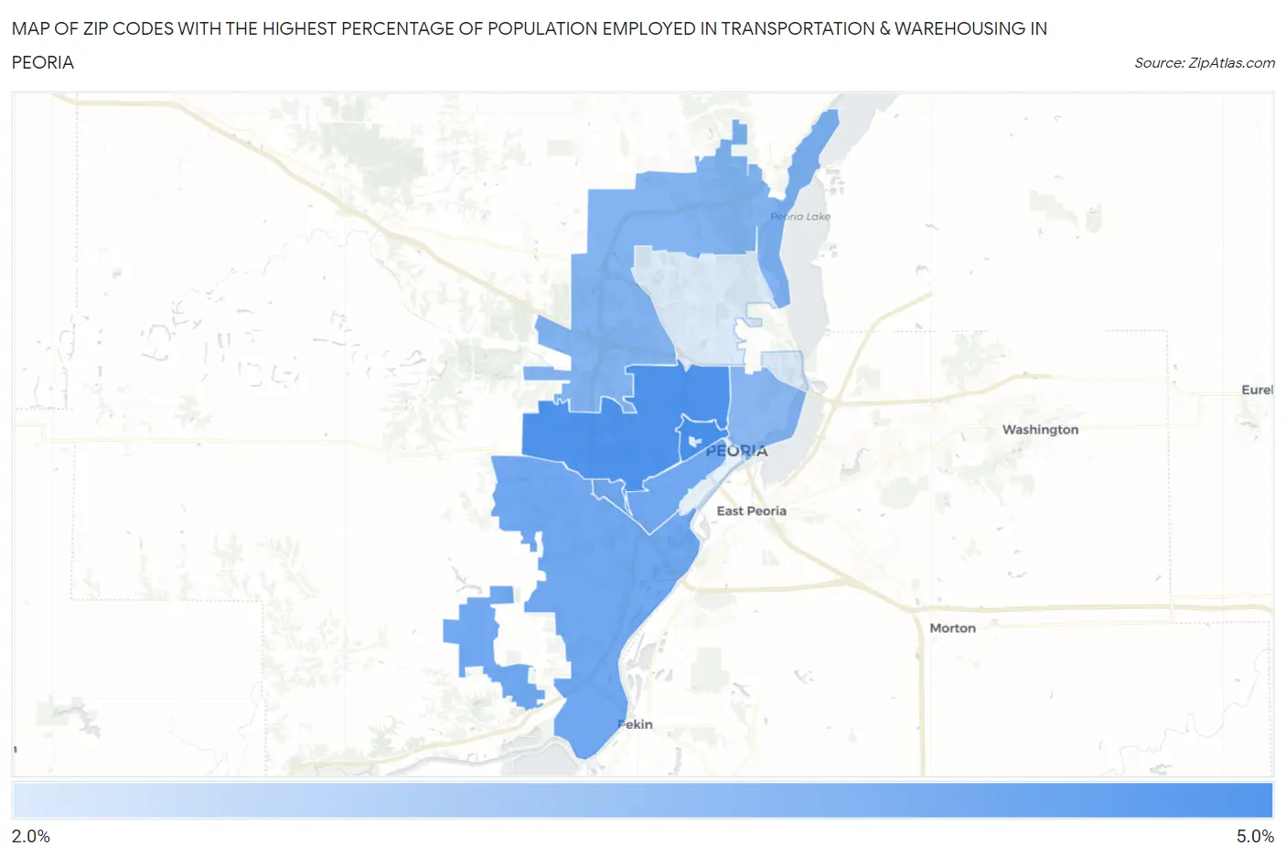 Zip Codes with the Highest Percentage of Population Employed in Transportation & Warehousing in Peoria Map