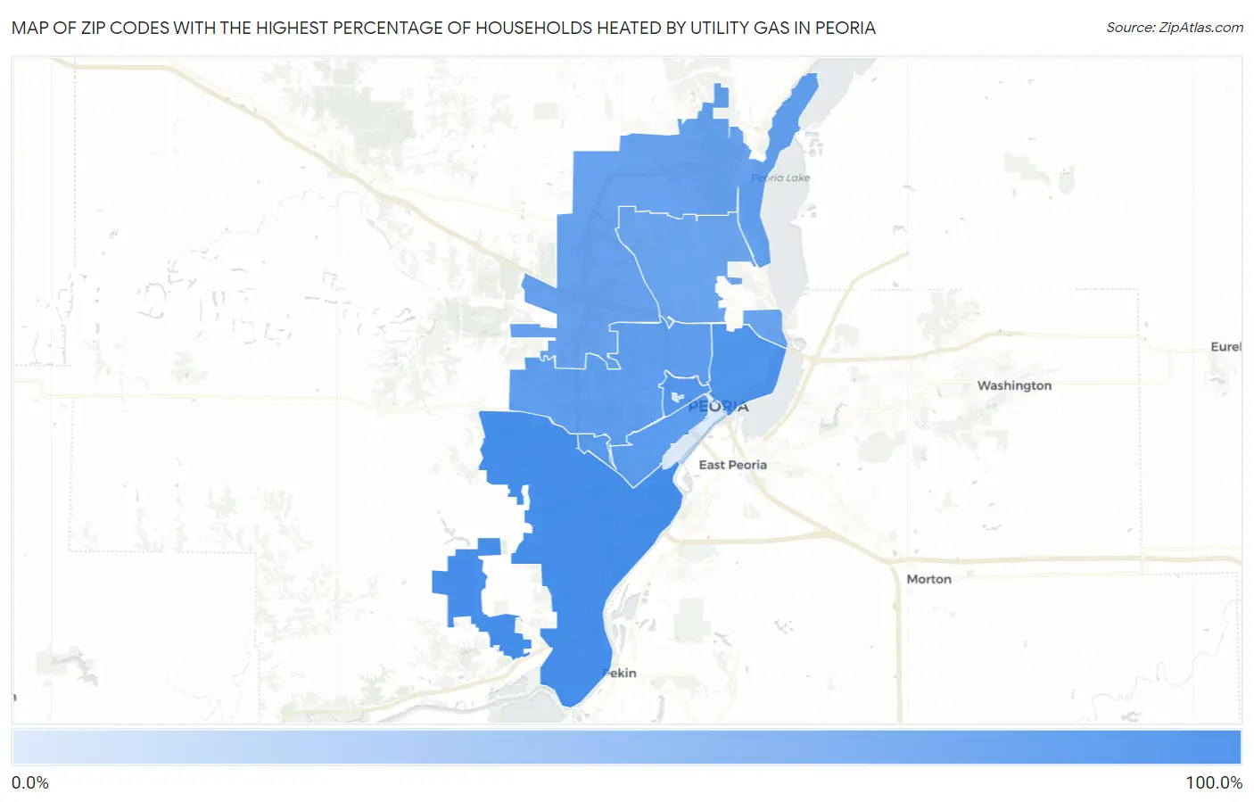 Zip Codes with the Highest Percentage of Households Heated by Utility Gas in Peoria Map