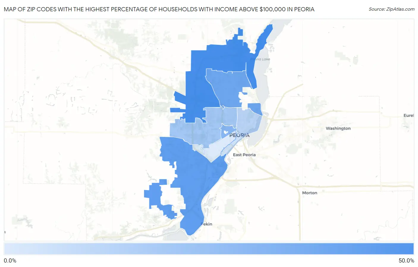 Zip Codes with the Highest Percentage of Households with Income Above $100,000 in Peoria Map