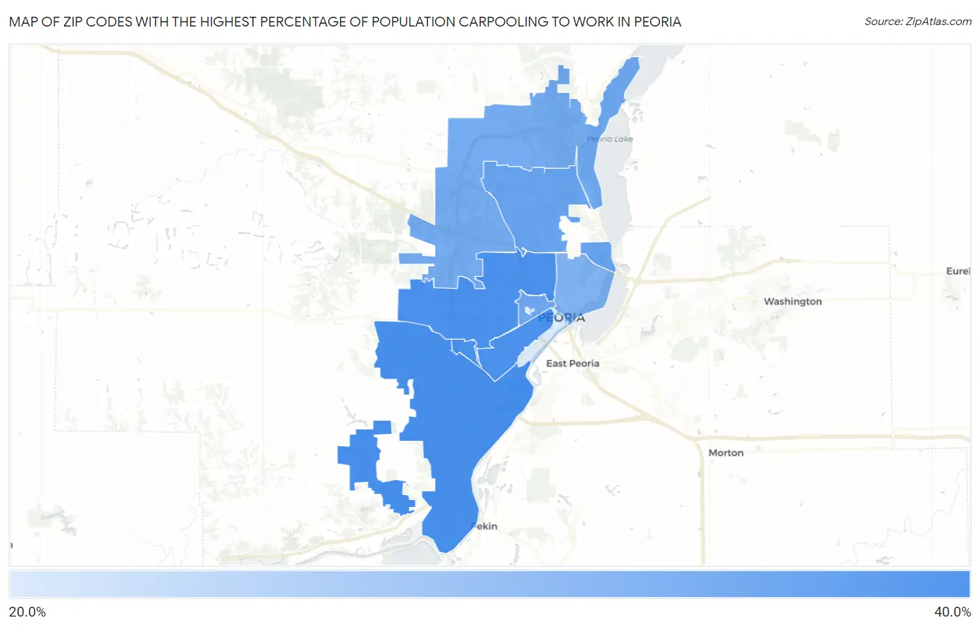 Zip Codes with the Highest Percentage of Population Carpooling to Work in Peoria Map